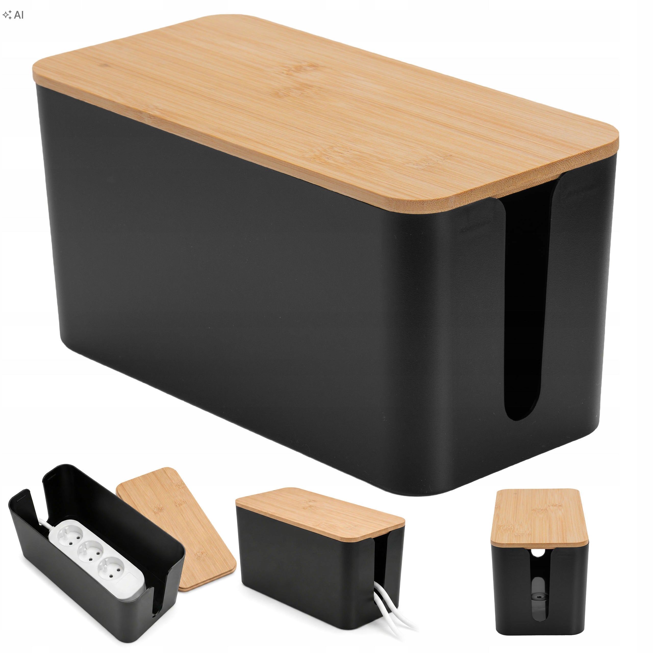 CABLE ORGANIZER CORDS STRIPS BLACK BOX CONTAINER WITH LID