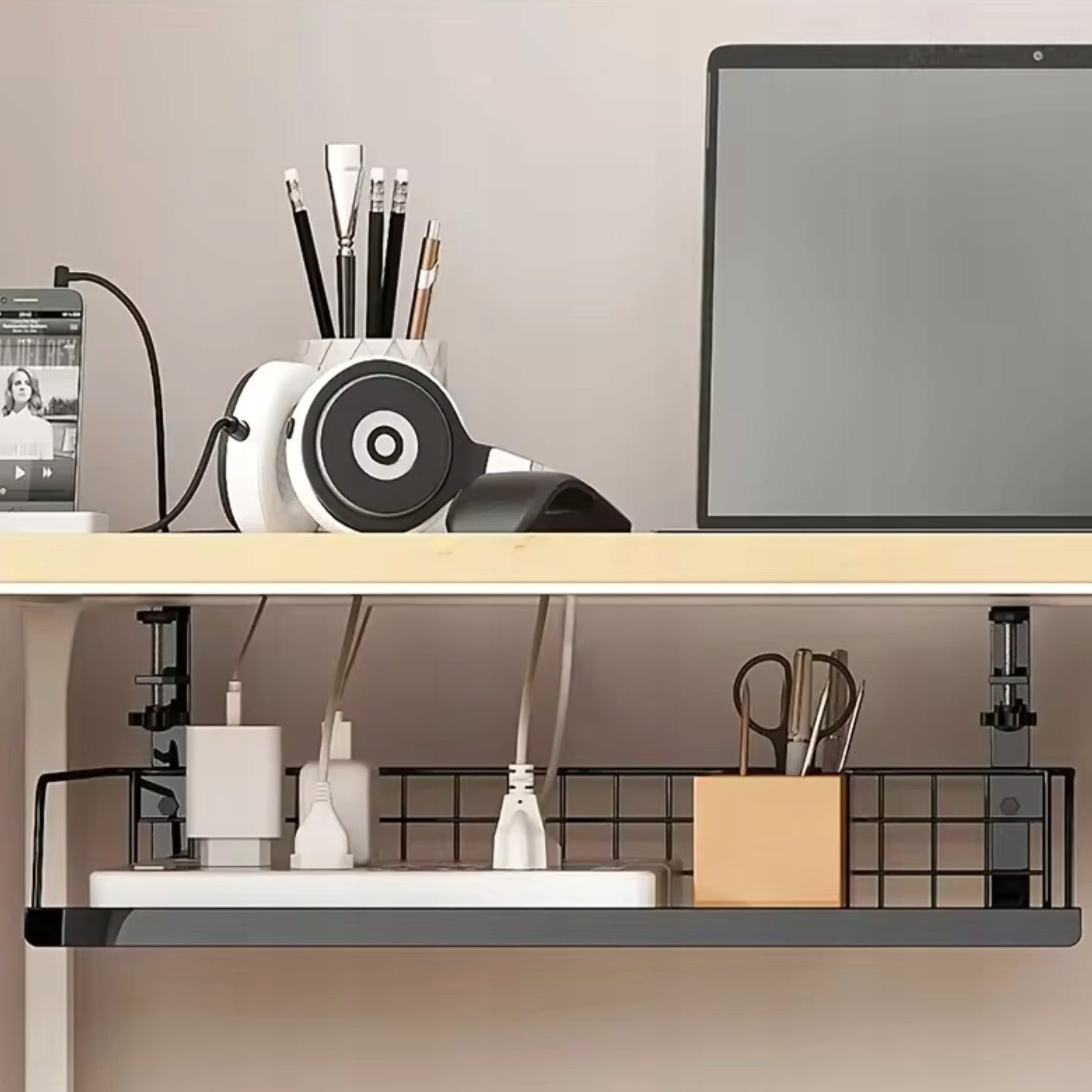 CABLE ORGANIZER SHELF UNDER THE DESK GRILLE HOLDER METAL HANGER Model organizer do biurka maskownica wieszak uchwyt