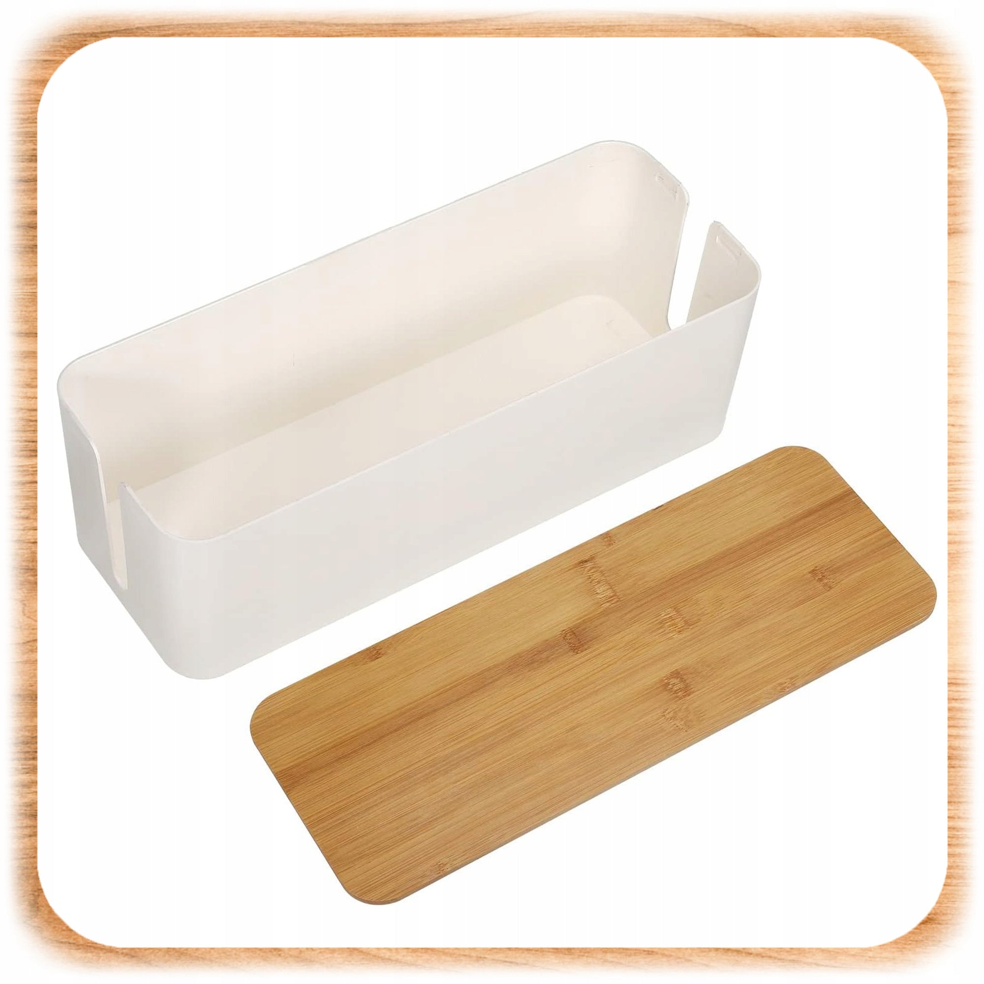 CABLE ORGANIZER SLATS CONTAINER CABLE BOX WIRES S White + Wood Model Z POKRYWKĄ BAMBUSOWĄ BAMBUS DREWNO