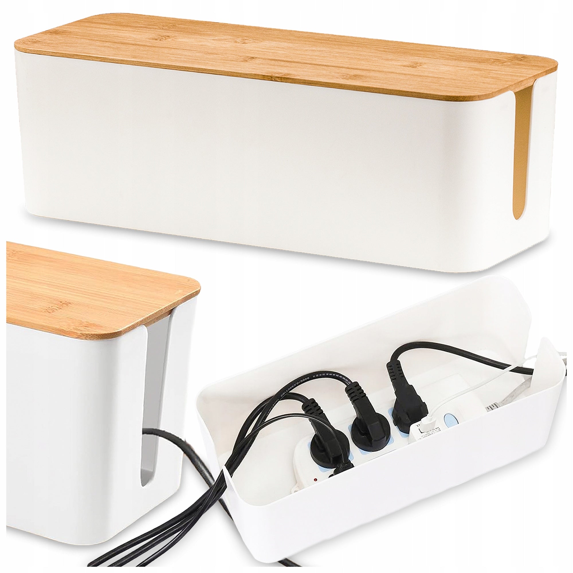 CABLE ORGANIZER SLATS CONTAINER CABLE BOX WIRES S White + Wood