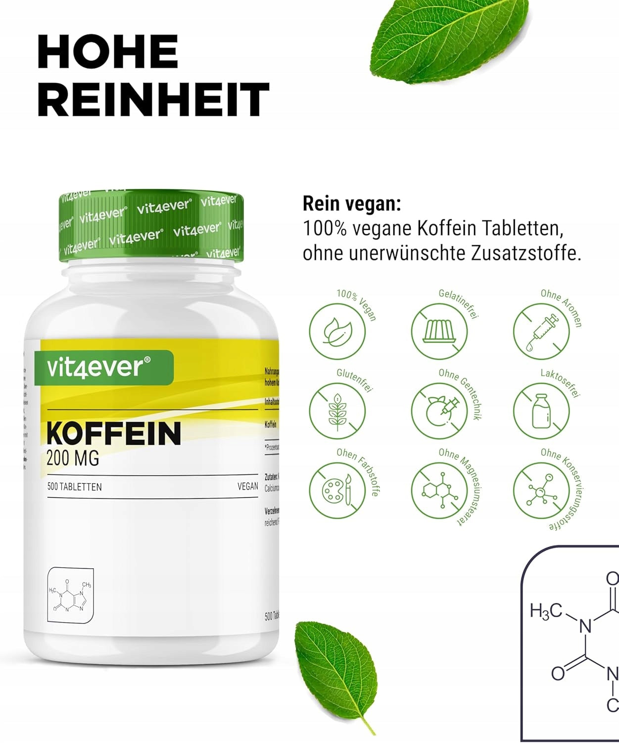 CAFFEINE 200 mg 500 TABLETS SUPPORT FOR ENERGY AND CONCENTRATION VIT4EVER Expiration date at least 1 year from the date of purchase