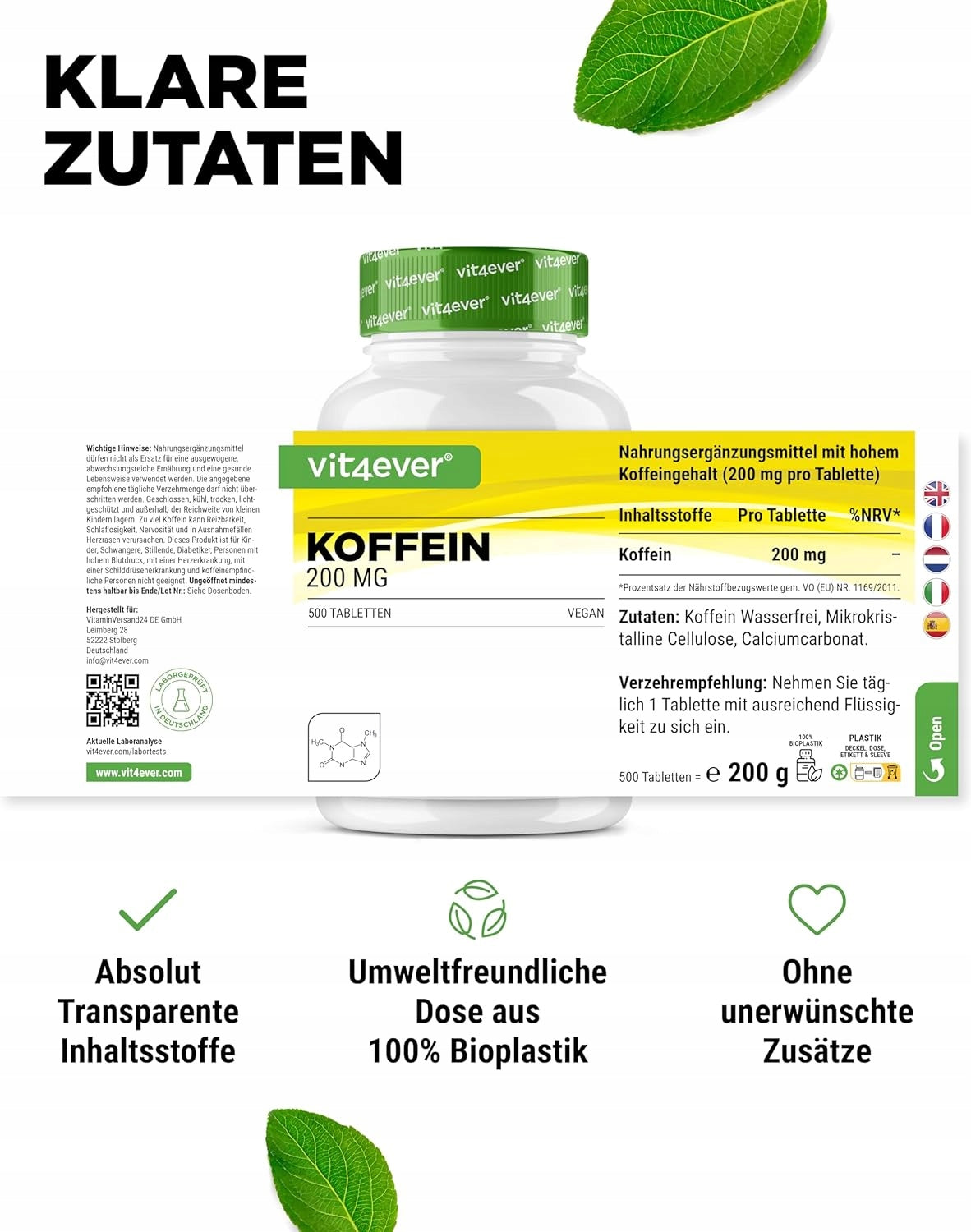CAFFEINE 200 mg 500 TABLETS SUPPORT FOR ENERGY AND CONCENTRATION VIT4EVER Packaging status original