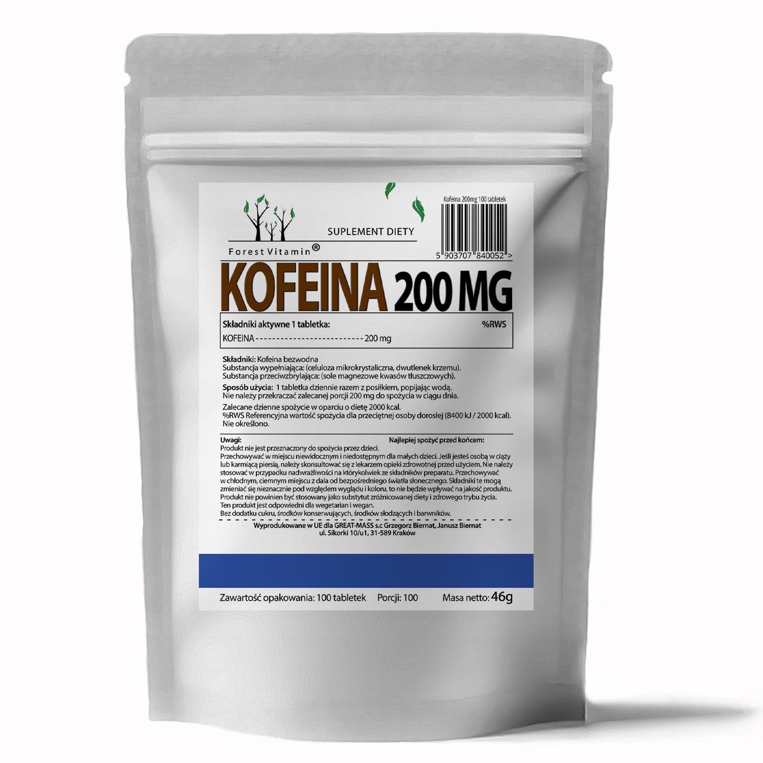 CAFFEINE 200mg 100 tablets STIMULATION SLIMMING PURE ANHYDROUS Brand Forest Vitamin