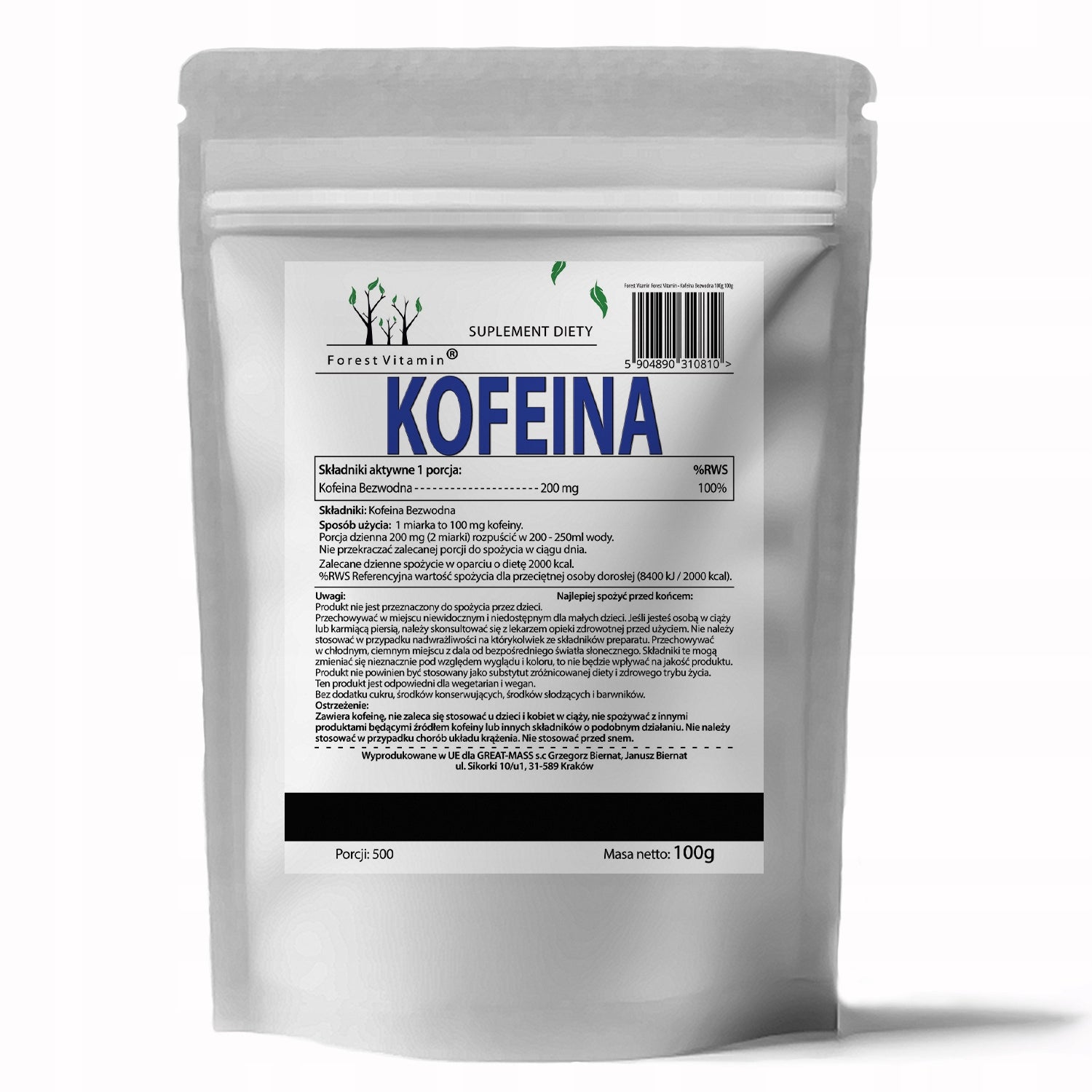 CAFFEINE ANHYDROUS 100% PURE 100g 500 SERVINGS CAFFEINE QUALITY AND ACTION Brand Forest Vitamin