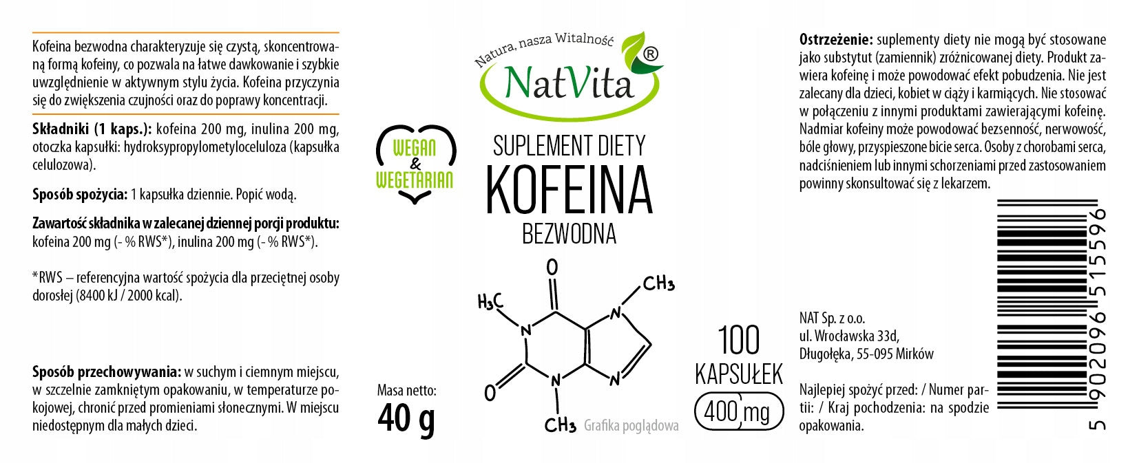 CAFFEINE ANHYDROUS 100% Stimulation Energy Cellulose Capsules 400mg NatVita Expiration date at least six months from the date of purchase