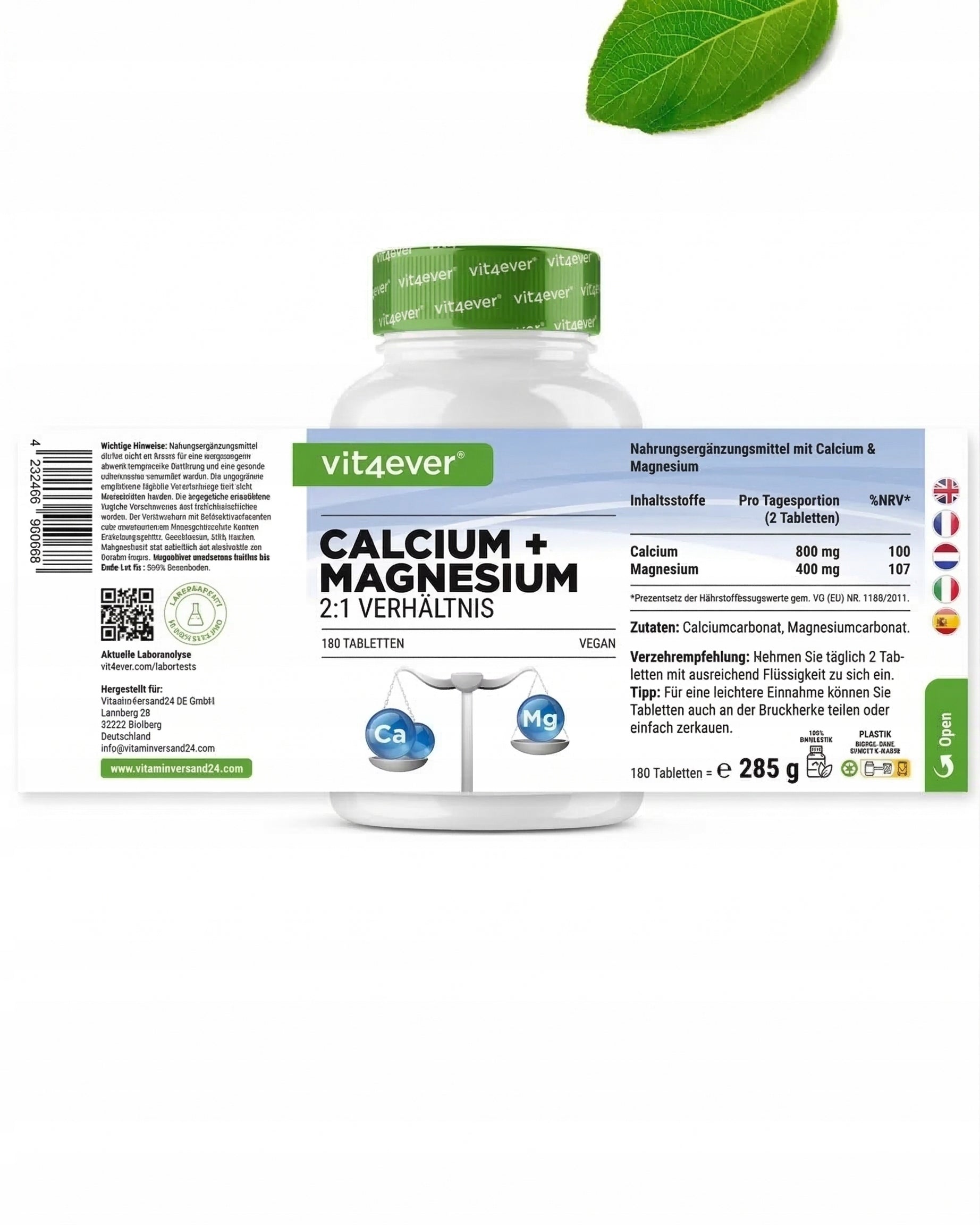 CALCIUM MAGNESIUM 2:1 180 TABLETS BONE AND MUSCLE SUPPORT VIT4EVER Manufacturer code vit4-444
