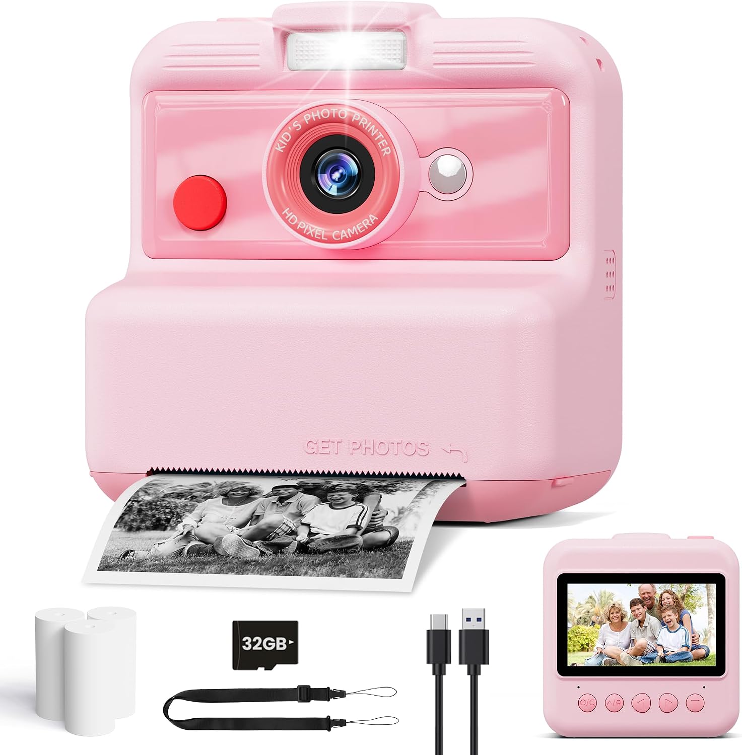 CAMCLID Instant Camera for Kids Printing PINK 48 MP/2,5K UHD