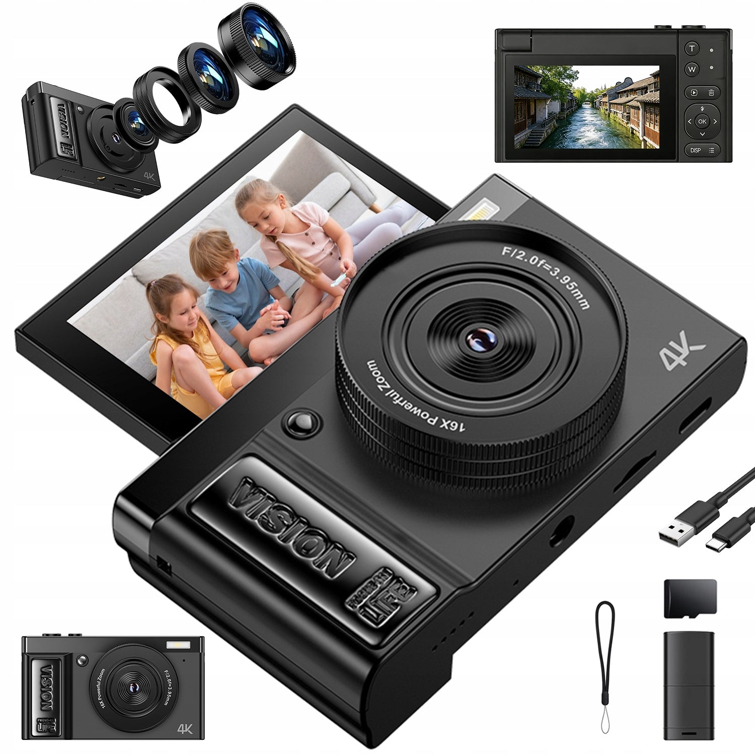 CAMERA 4K 64MP 3" FOLDING SCREEN 180° 16X ZOOM 1500MAH 17.4CM BLACK