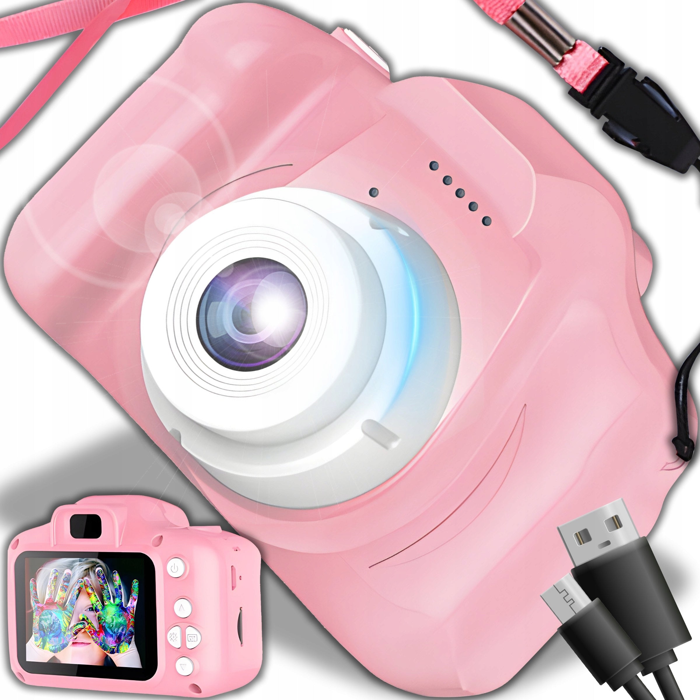 CAMERA DIGITAL CAMERA PINK FOR KIDS FULL HD 1080p 1440p 3 MPX GAMES LANYARD