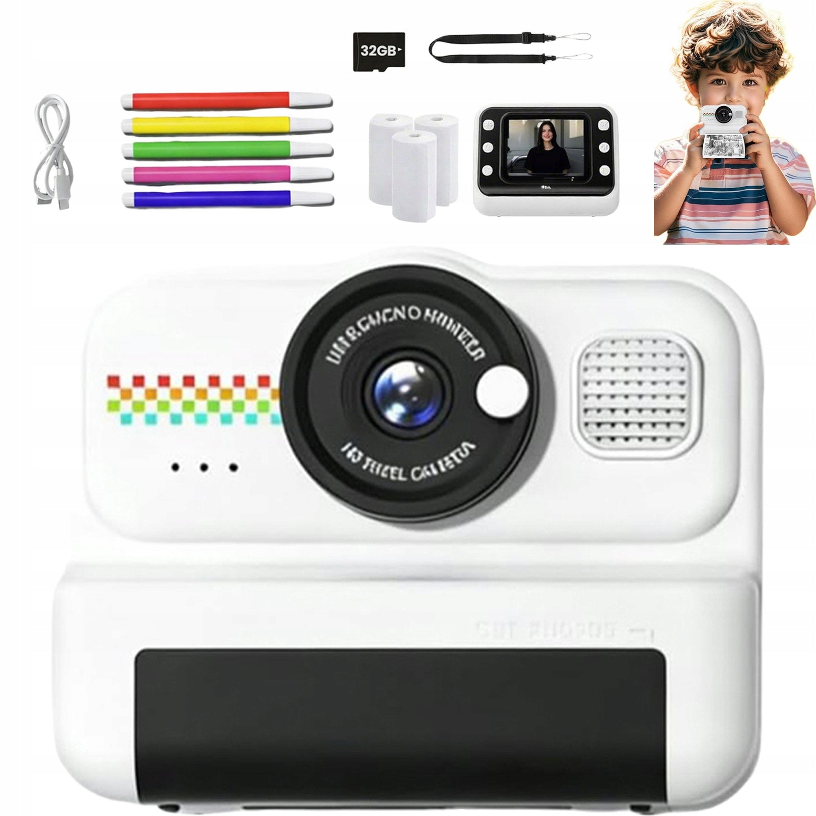 CAMERA FOR CHILDREN WITH 1080P PHOTO PRINTING AND 32GB MEMORY CARD