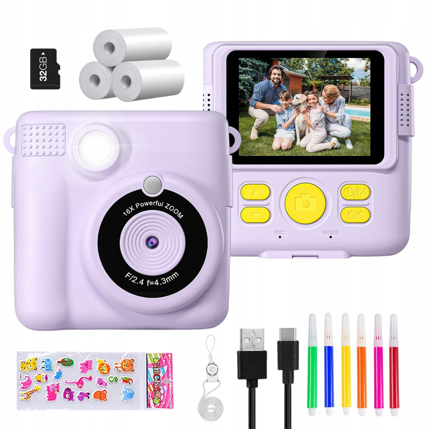 CAMERA FOR CHILDREN WITH THERMAL PRINTER AND 32GB CARD PURPLE