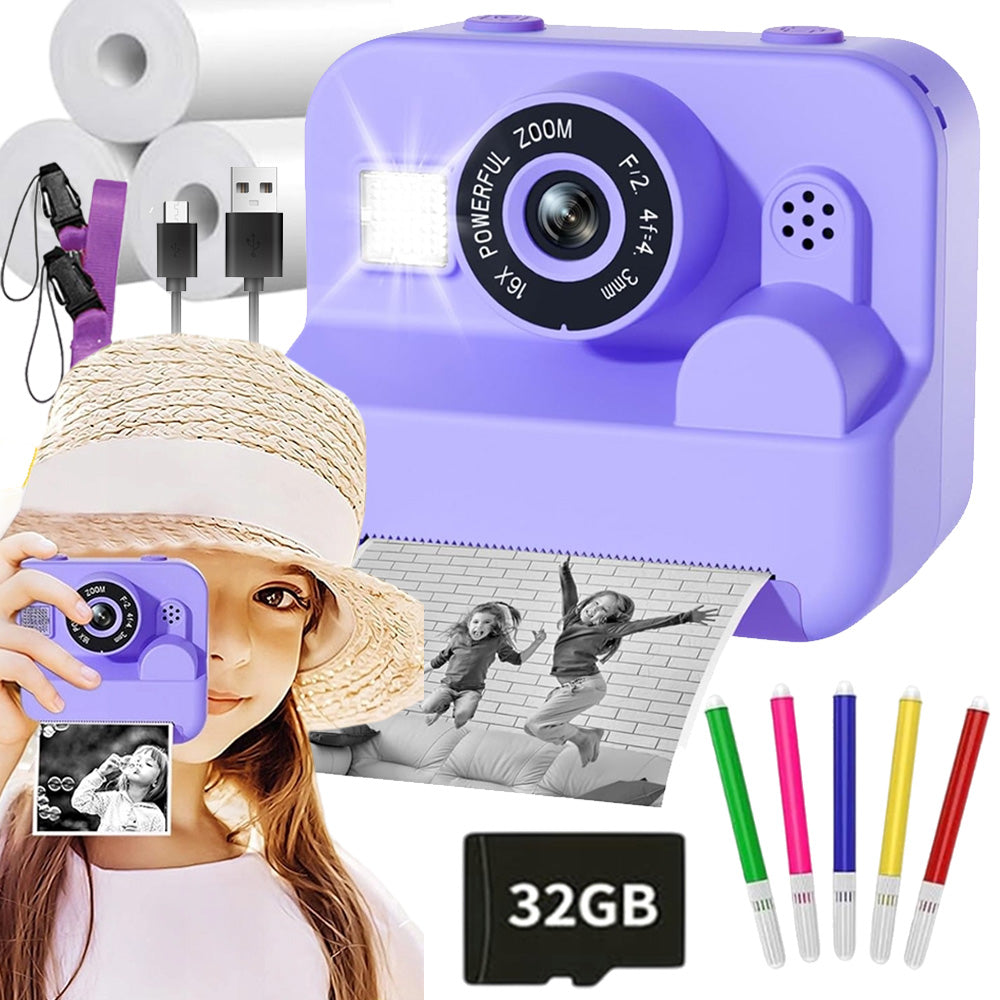 CAMERA INSTANT PHOTO PRINTING 1080P SCREEN 2.4 INCH 32GB CARD PURPLE
