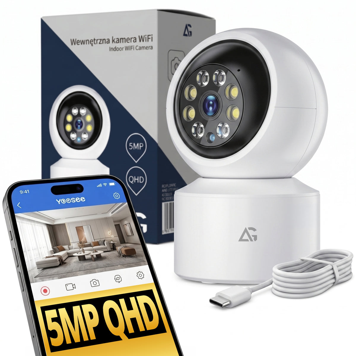 CAMERA IP 5MP LED INDOOR BABY MONITOR ROTATING WIFI ALARM DETECTION QHD SMART