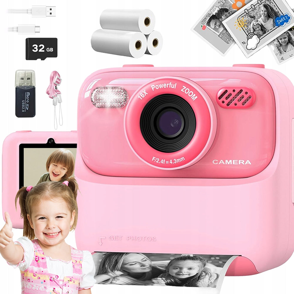 CAMERA WITH PRINTER INSTANT 1080P VIDEO GAMES PRINT 3 ROLLS 32GB PINK