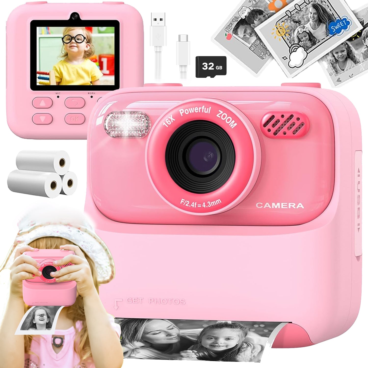 CAMERA WITH PRINTER PINK VIDEO GAME INSTANT PRINTING 3 ROLLS USB 1200MAH