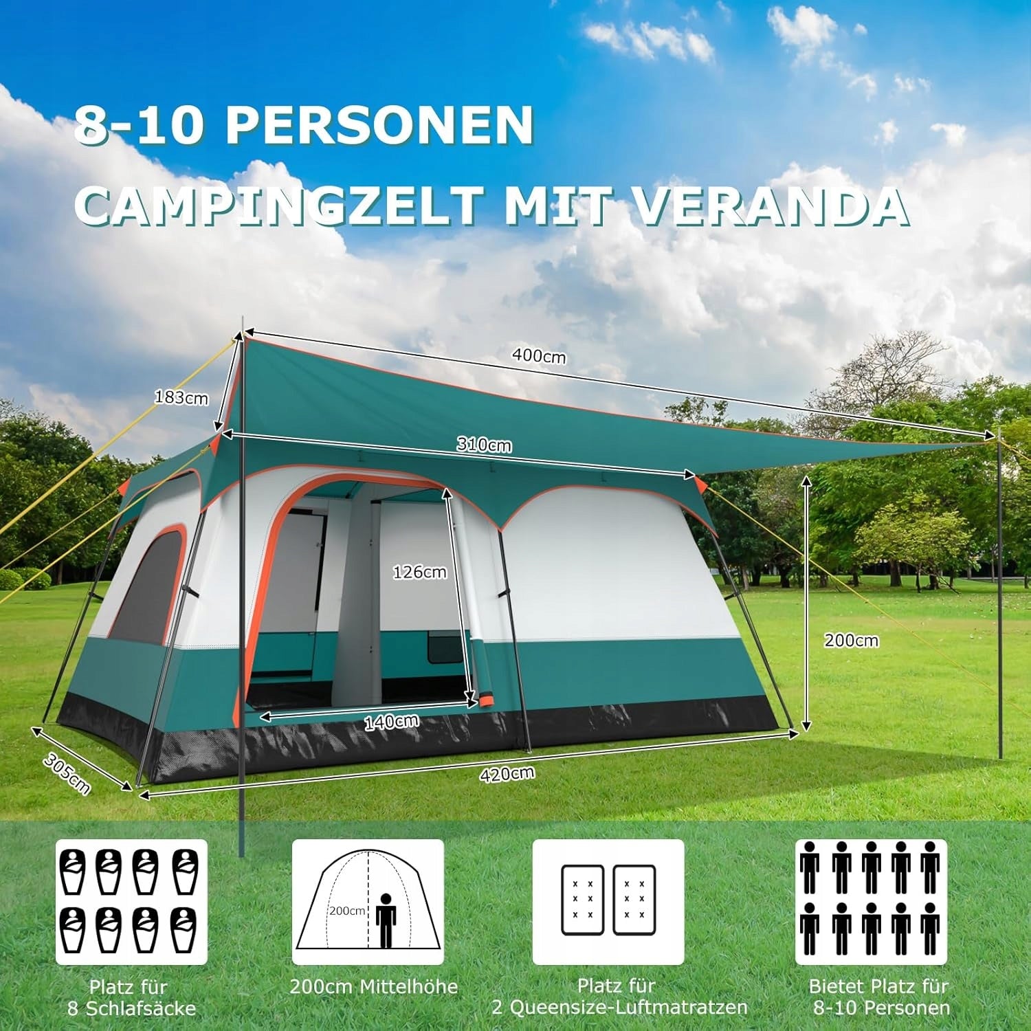 CAMPING FAMILY TENT 8 PEOPLE TUNNEL VESTIBULE FLOOR Brand Costway