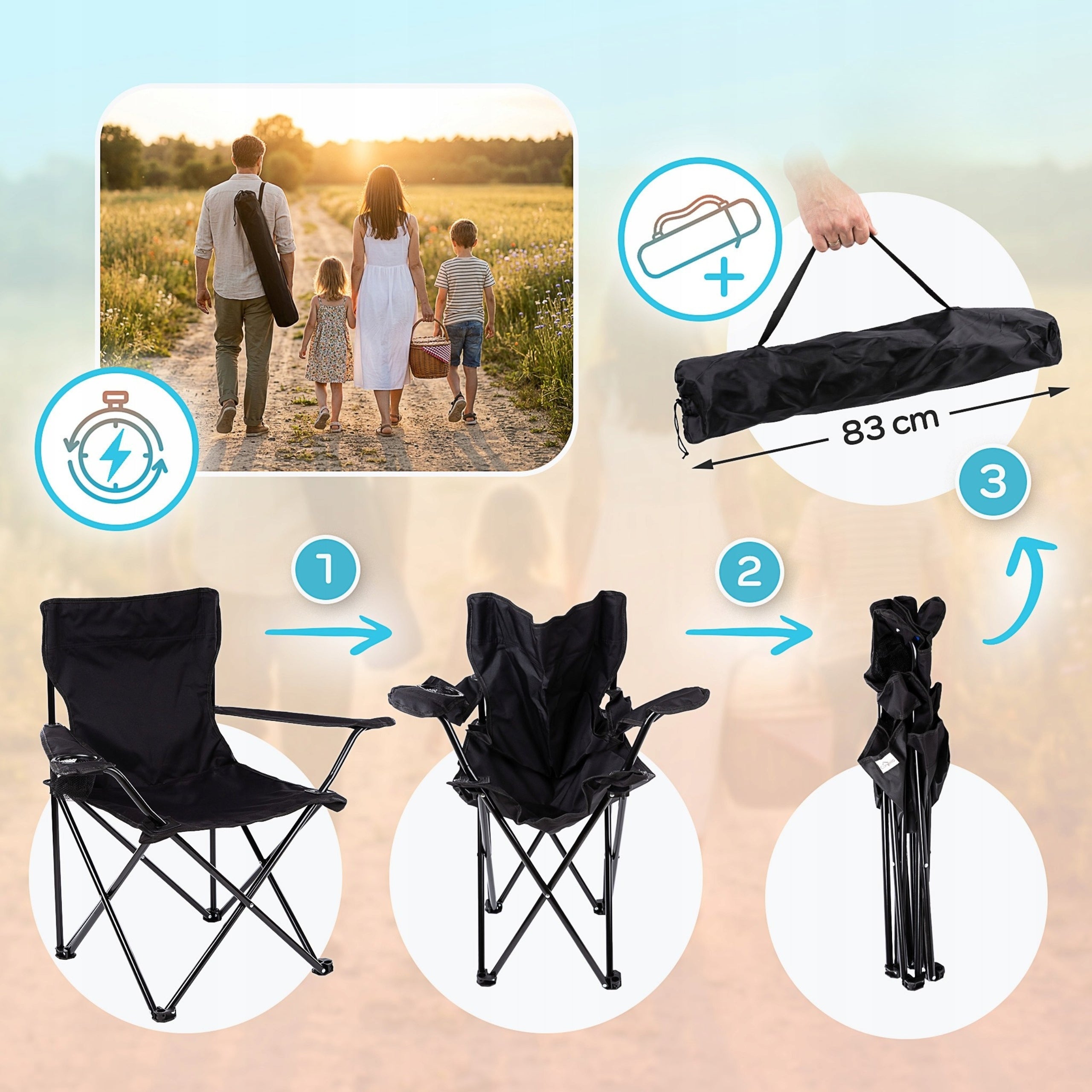 CAMPING FOLDING FISHING CHAIR LARGE BLACK MONTESSA Model CZARNY