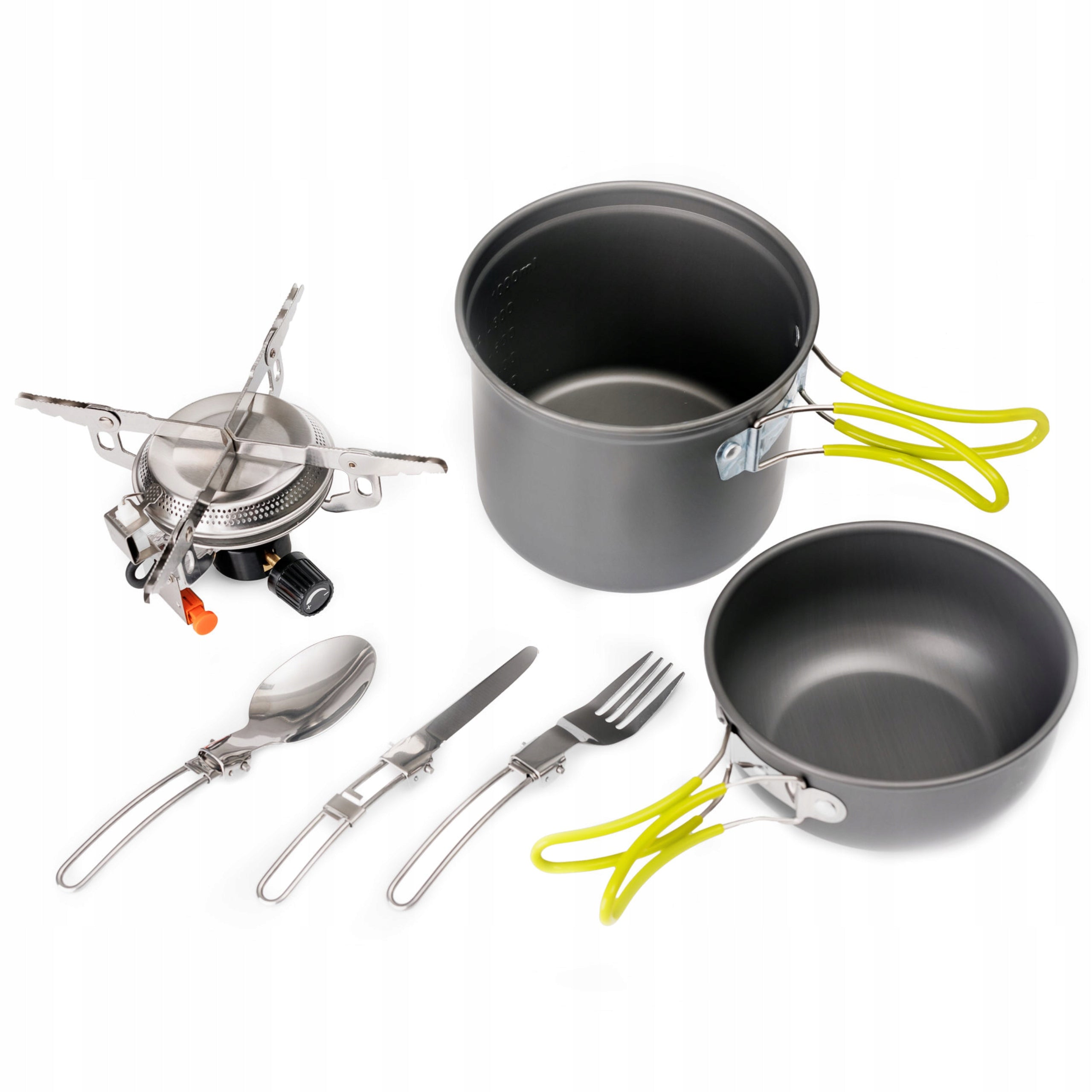 CAMPING SET GAS STOVE TOURIST POT FRYING PAN CUTLERY 4IN1