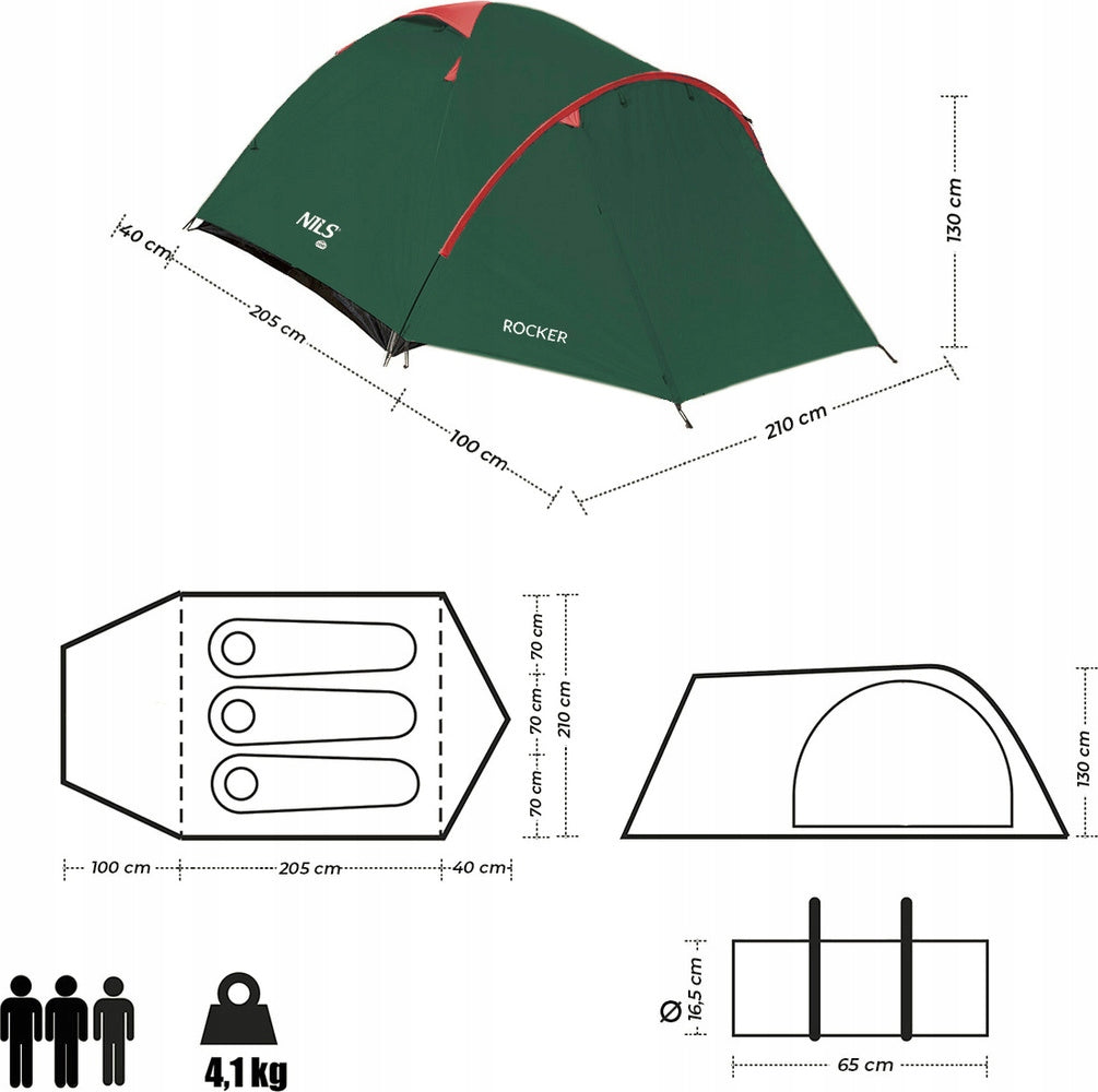 CAMPING TENT 3 PERSONS NILS CAMP ROCKER 345 x 210 x 130 cm Additional features pockets sun protection wind protection vestibule ventilation system
