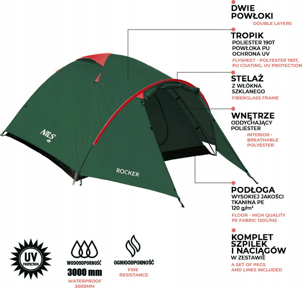 CAMPING TENT 3 PERSONS NILS CAMP ROCKER 345 x 210 x 130 cm Waterproofness 3000 mm