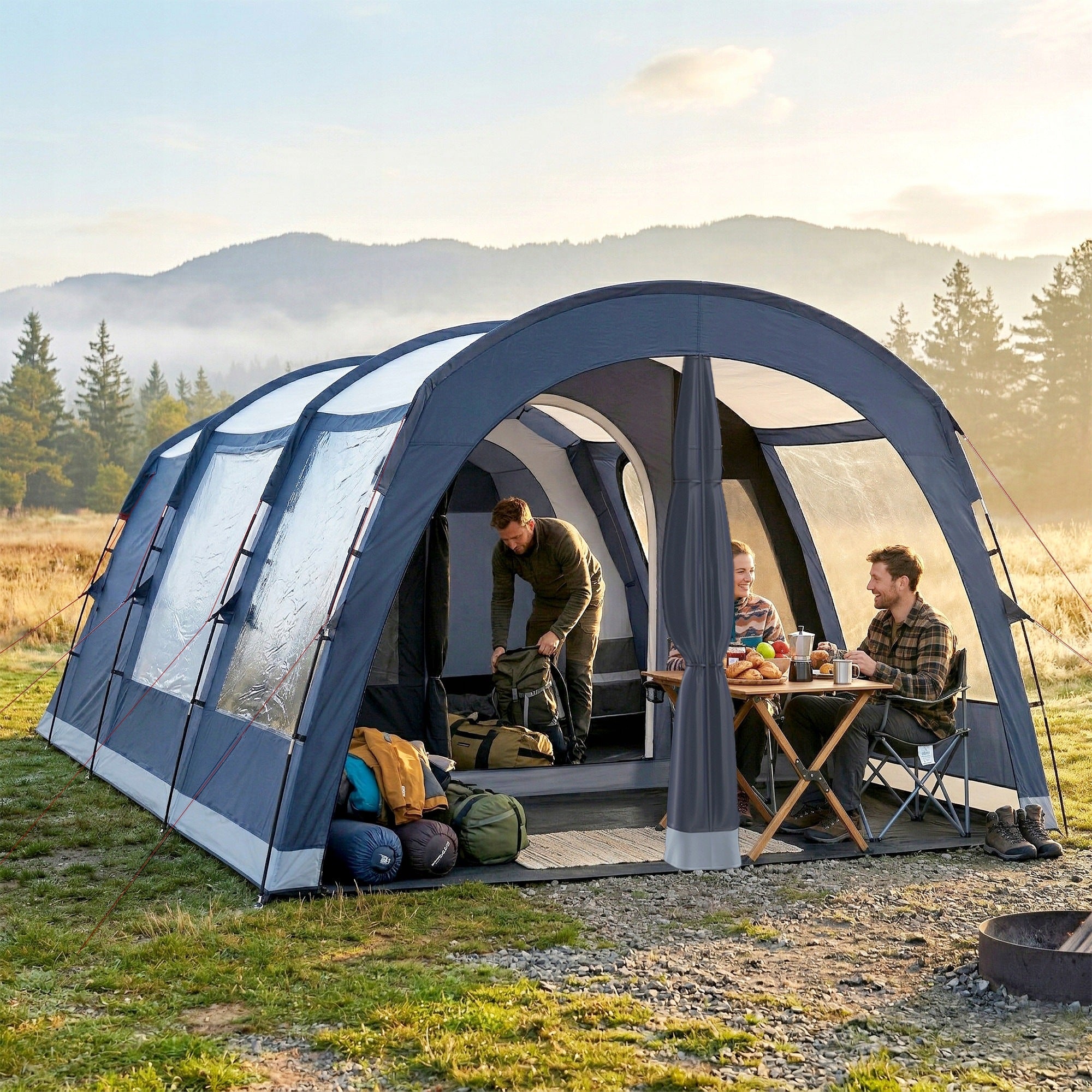 CAMPING TENT FOR 4 PEOPLE WITH 2 BEDROOMS 5.4×3.2×2.1M, BLUE Manufacturer code Trzy drzwi i sześć okien