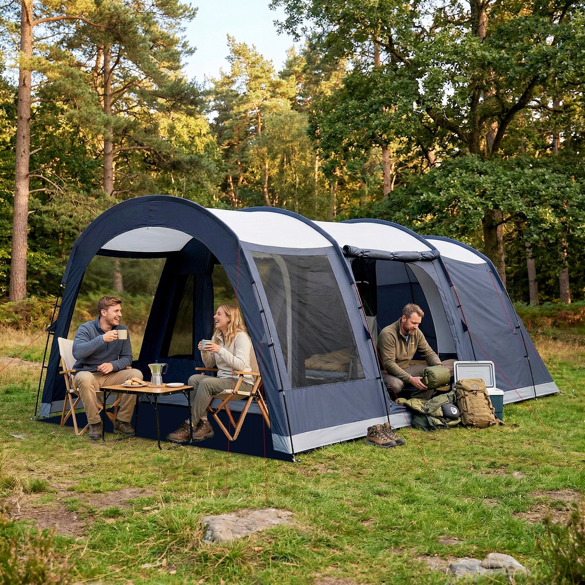 CAMPING TENT FOR 4 PEOPLE WITH 2 BEDROOMS 5.4×3.2×2.1M, BLUE Packaging status original