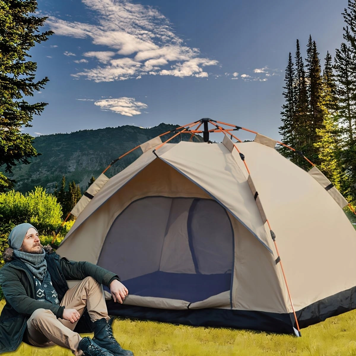 CAMPING TENT SELF-FOLDING TOURIST 4 PERSON BEIGE Brand Perfectlife