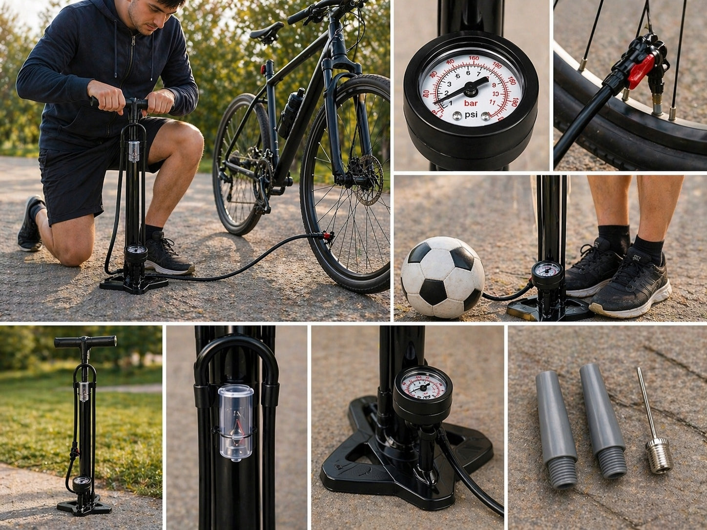 CAR BICYCLE PUMP WITH MANUAL FLOOR PRESSURE GAUGE + 32 ADAPTERS Color black