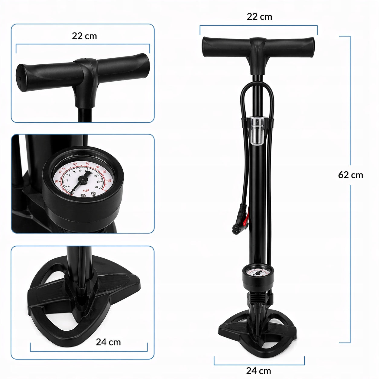 CAR BICYCLE PUMP WITH MANUAL FLOOR PRESSURE GAUGE + 32 ADAPTERS Manufacturer code POMPKA ROWEROWA + 32 ADAPTERY