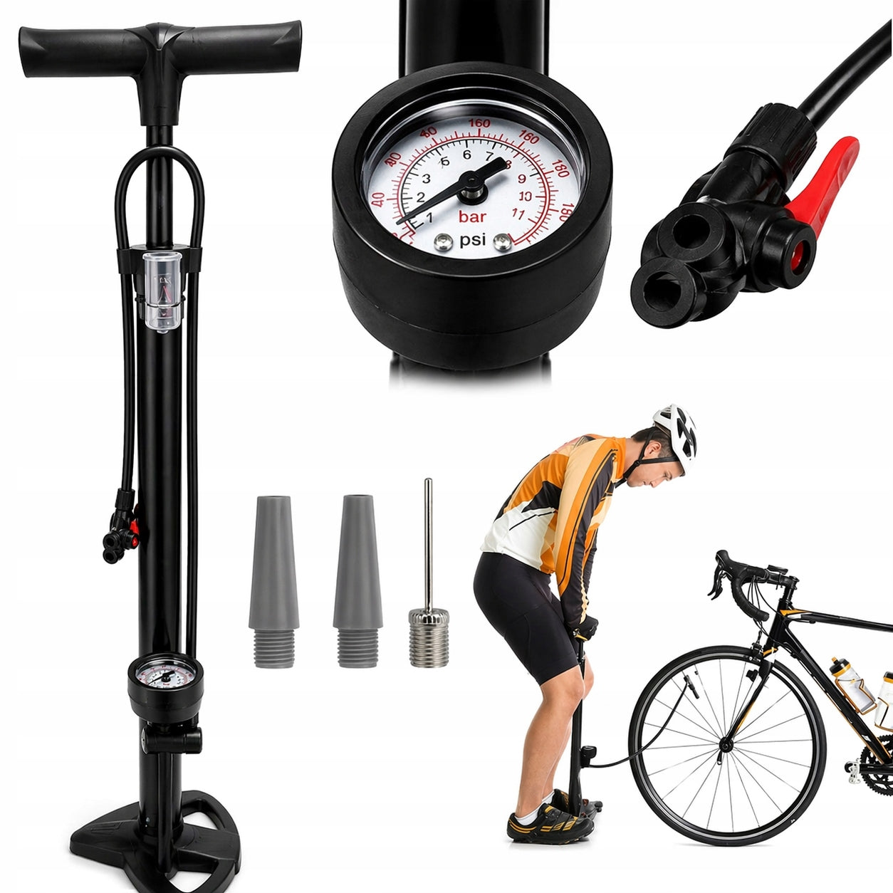CAR BICYCLE PUMP WITH PRESSURE GAUGE FOR BICYCLE FLOOR MANUAL BALLS