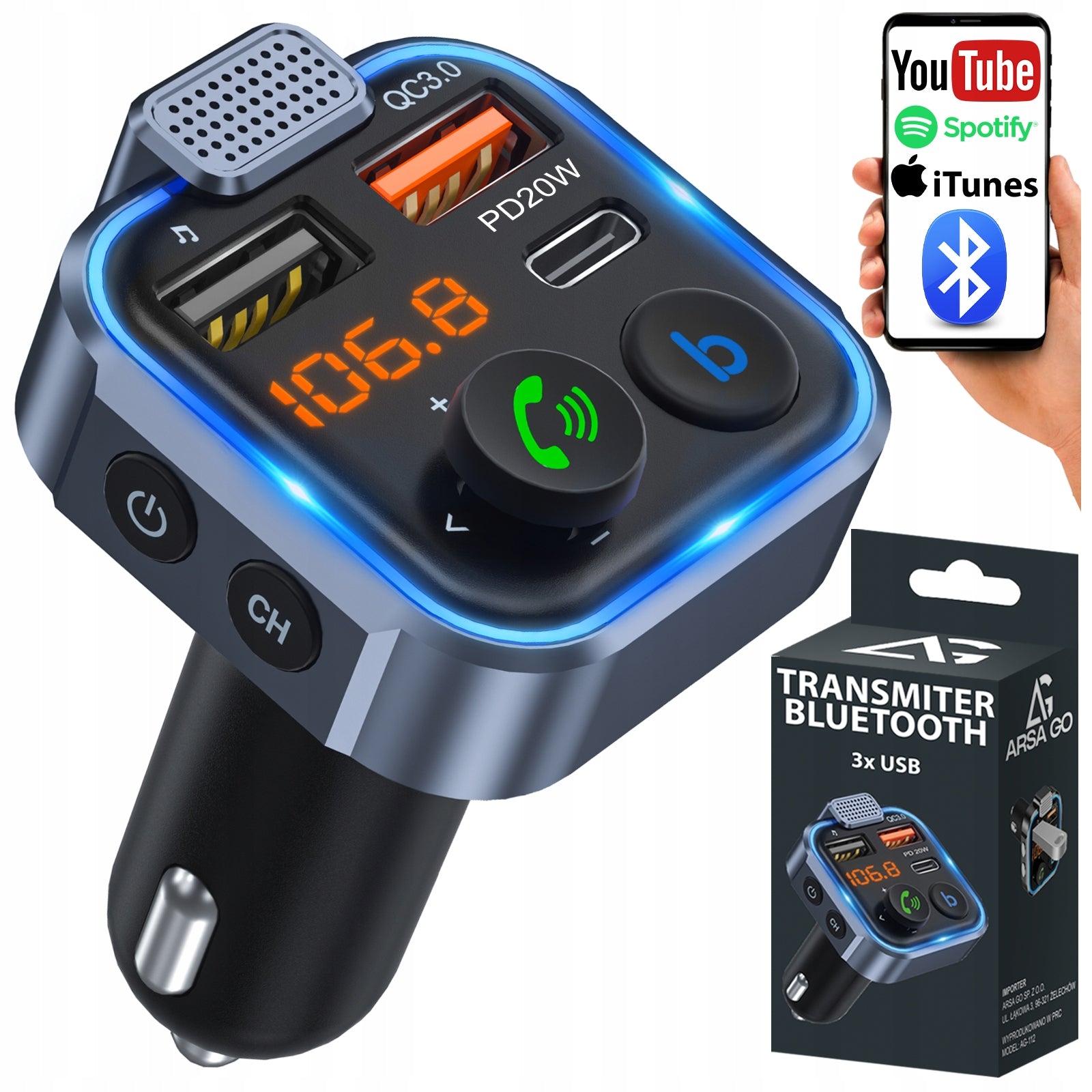 CAR BLUETOOTH TRANSMITTER FM 3.0A + 1.0A QC USB-C MP3 USB CHARGER