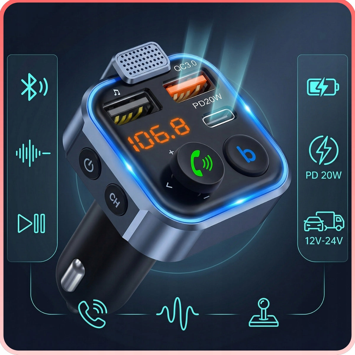 CAR BLUETOOTH TRANSMITTER FM 3x USB ADAPTER FAST MP3 CHARGER Manufacturer code DRMZ PureWave 5G