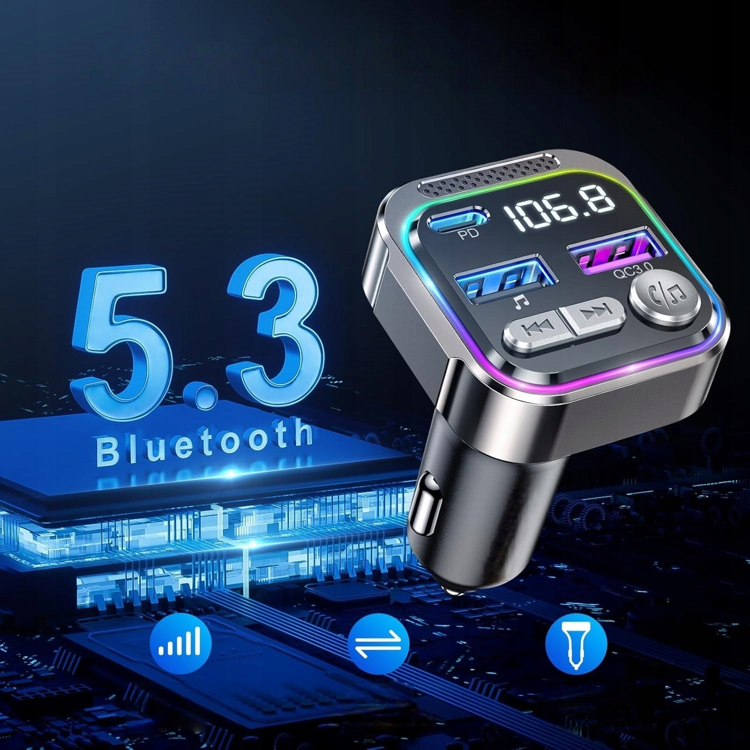 CAR BLUETOOTH TRANSMITTER FM MP3 30W USB Type-C Fast Charger Manufacturer code 8850297332146