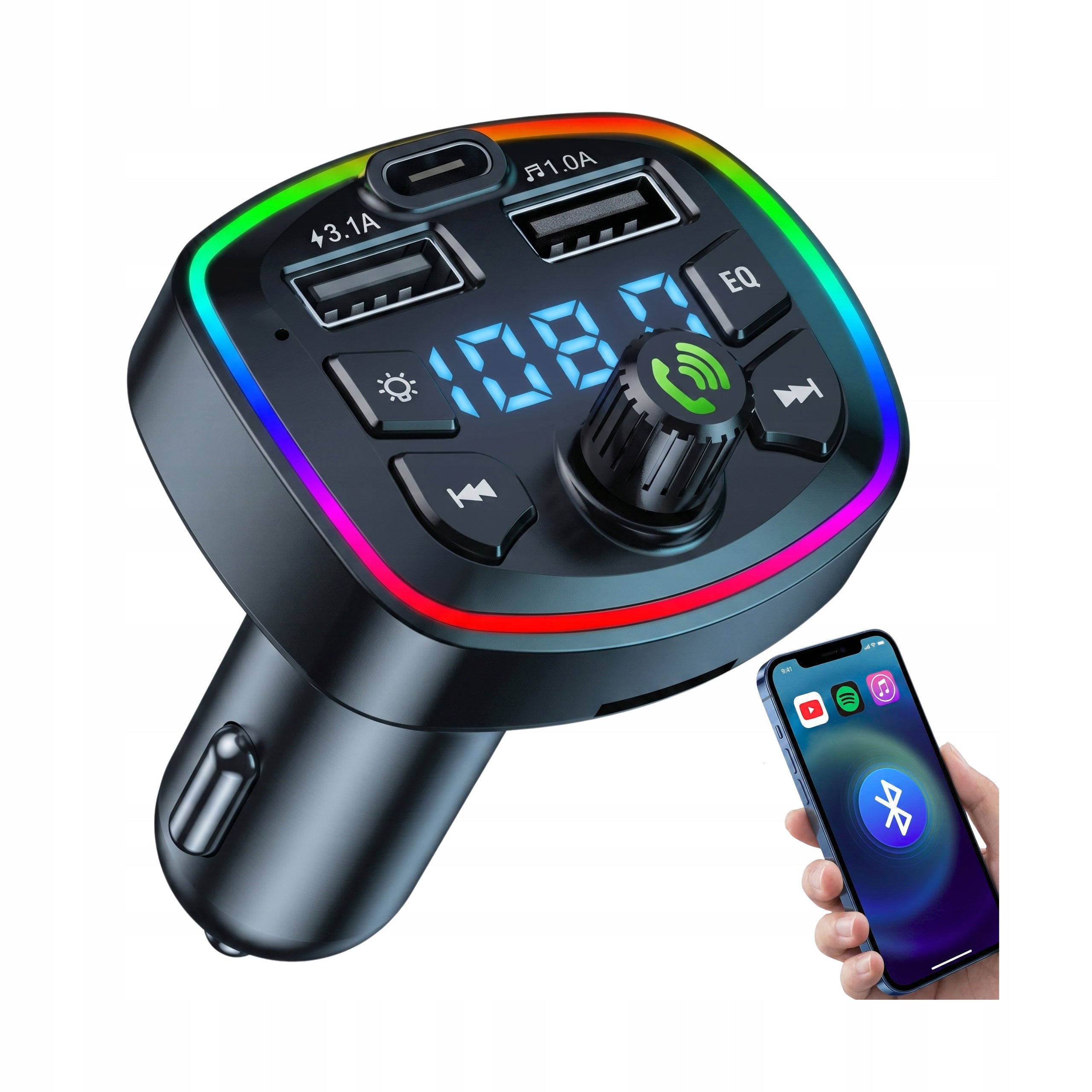 CAR BLUETOOTH TRANSMITTER FM USB 2.4A + 1.0A QC USB-C CHARGER