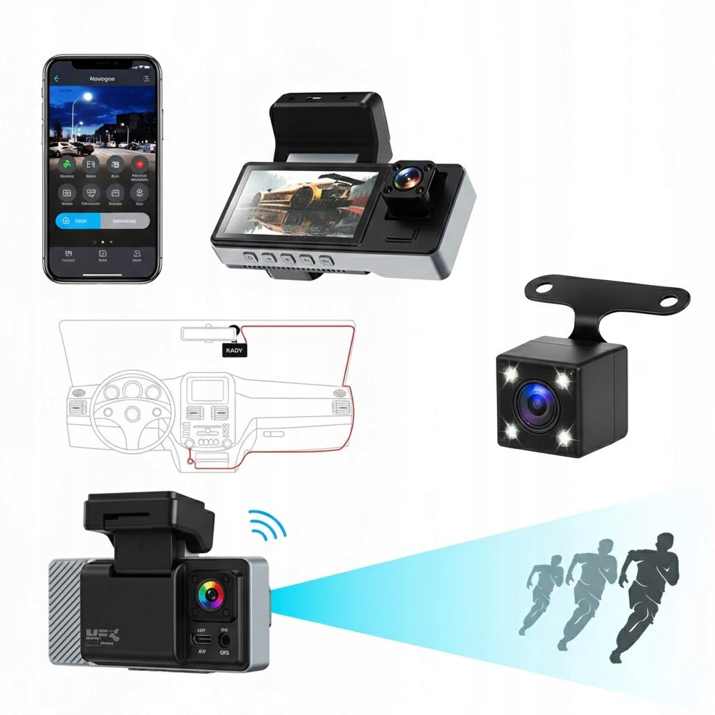 CAR CAMERA 3in1 DRIVING RECORDER WiFi FRONT REAR REVERSING AGENT APP Packaging status original