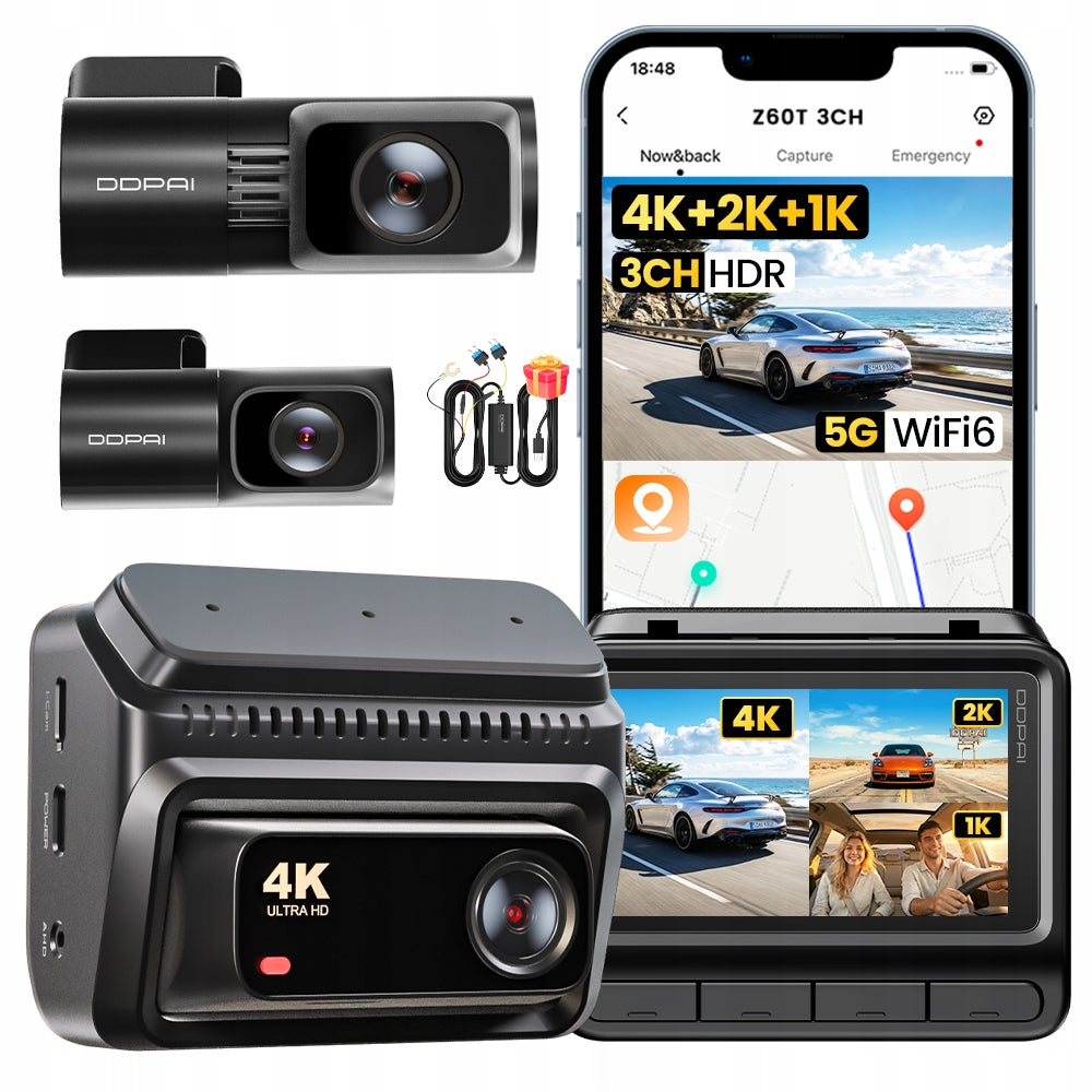 CAR CAMERA DDPAI Z60T 4K HDR GPS FRONT REAR INTERIOR + HARDWIRE KIT