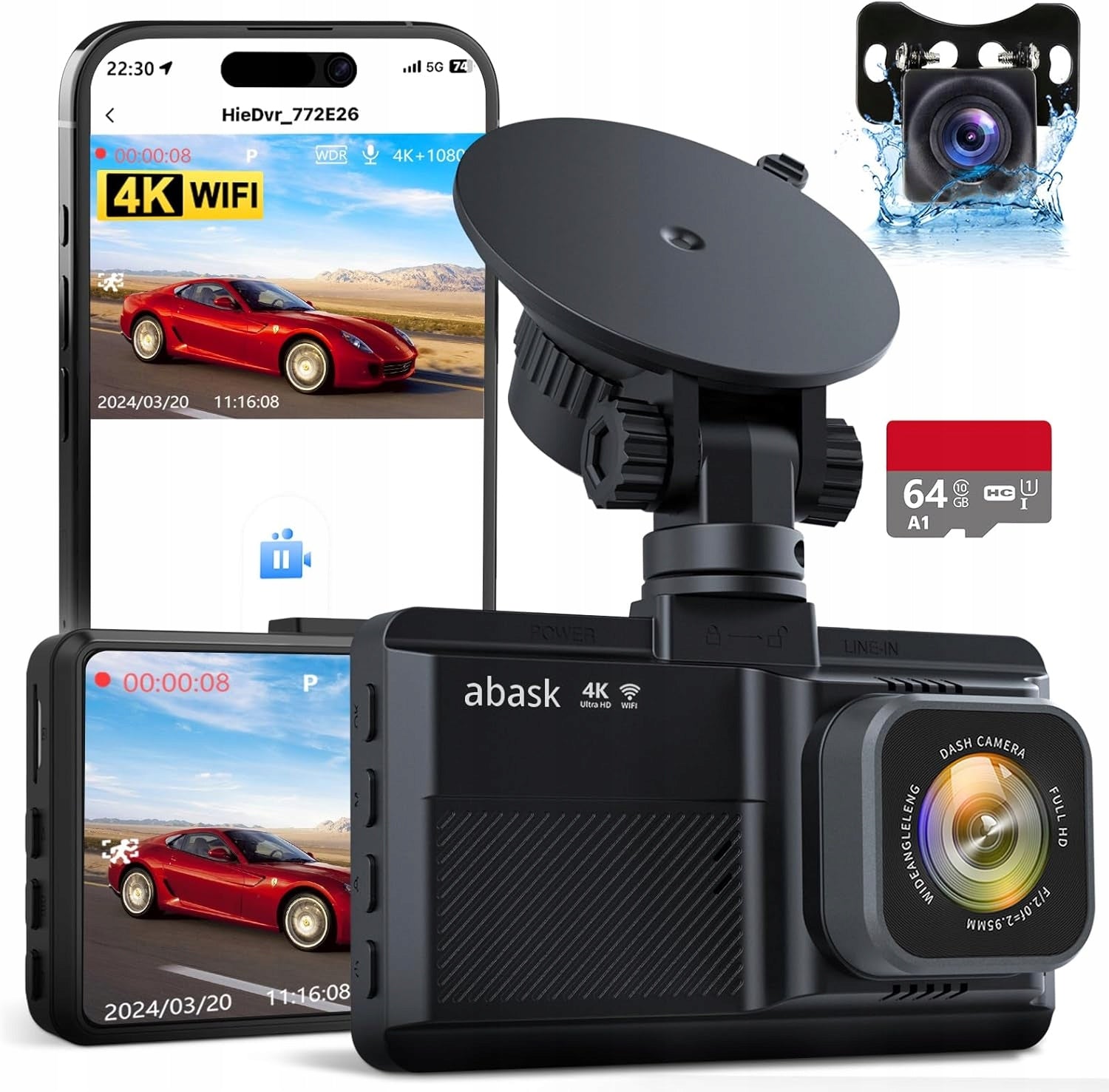 CAR CAMERA VIDEO RECORDER + REVERSING CAMERA 4K WIFI WDR 64GB QR