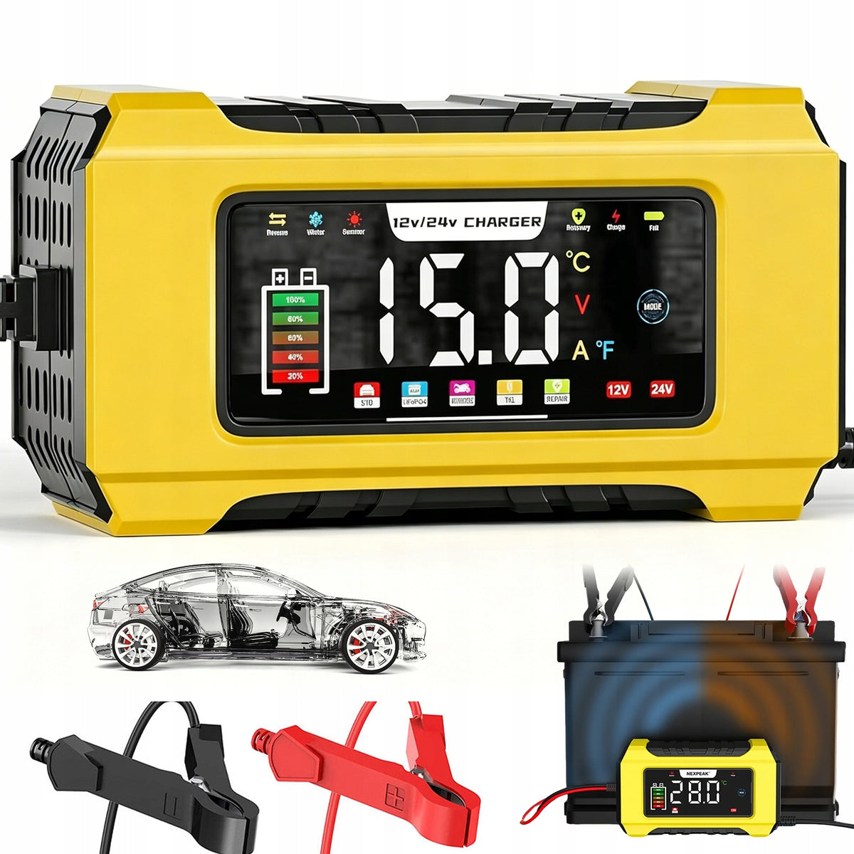 CAR CHARGER 12V 24V AGM SLA PULSE LCD WITH TEMPERATURE FUNCTION
