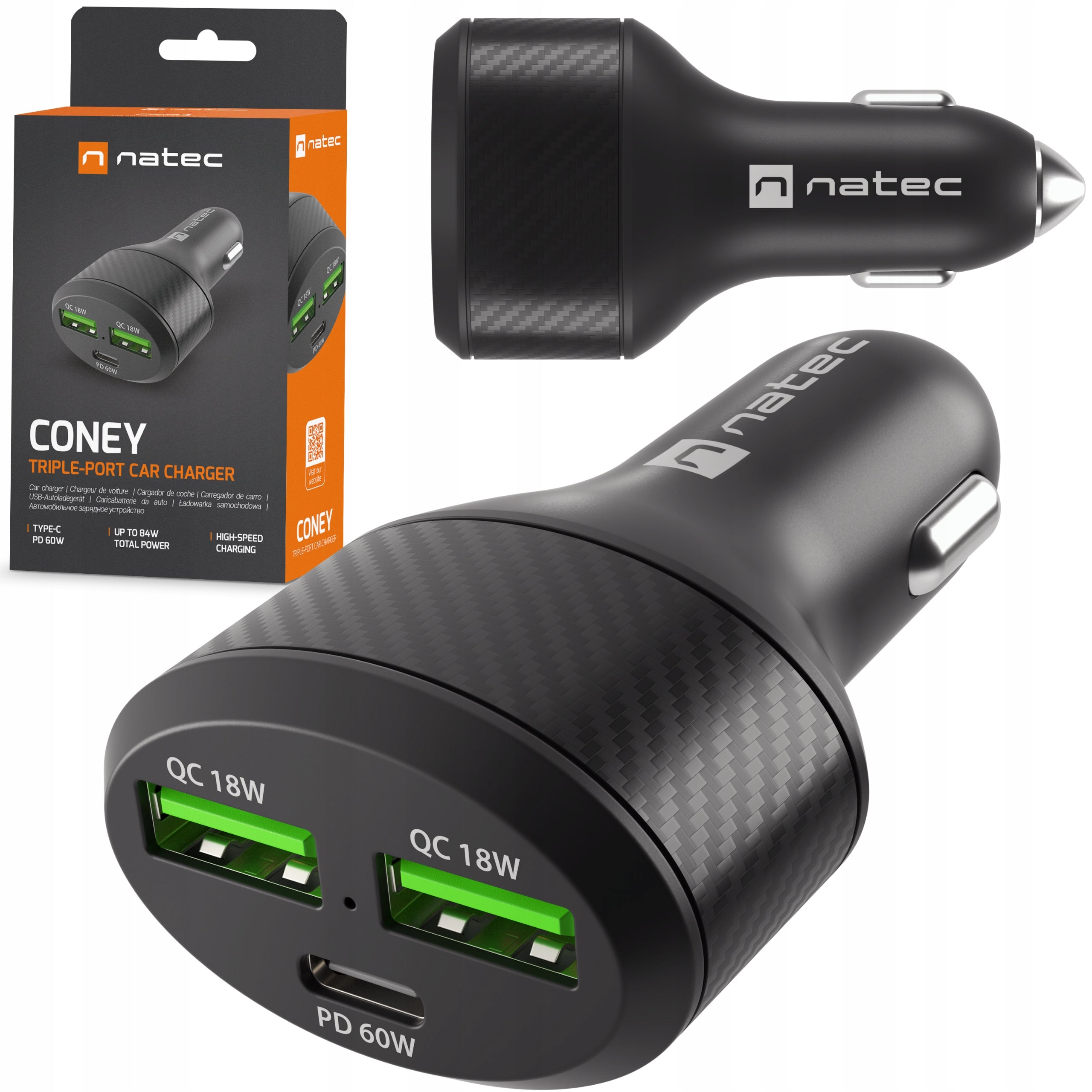 CAR CHARGER 2xUSB 1xUSB-C PD 84W QC 3.0