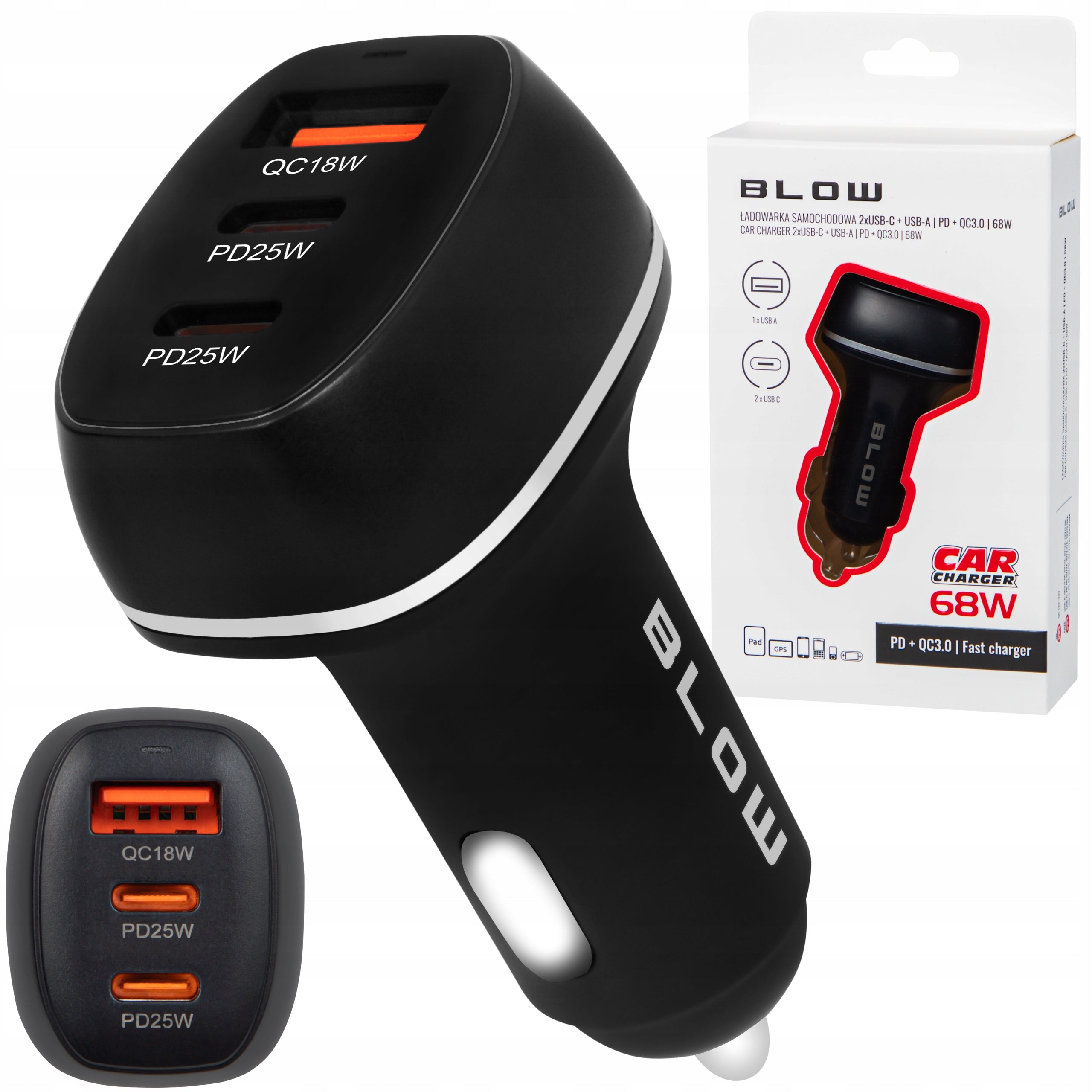 CAR CHARGER FAST CHARGING USB 2x USB-C PD QC 68W POWERFUL