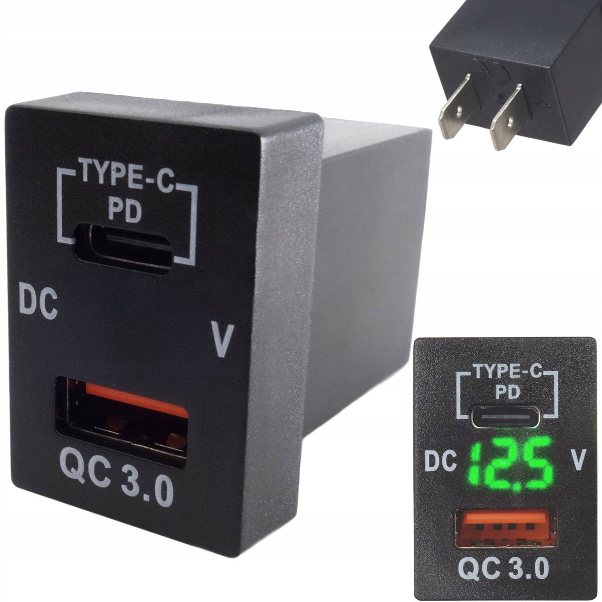 CAR CHARGER MOUNTING USB 12V-24V QC3.0 PD GREEN VOLTMETER