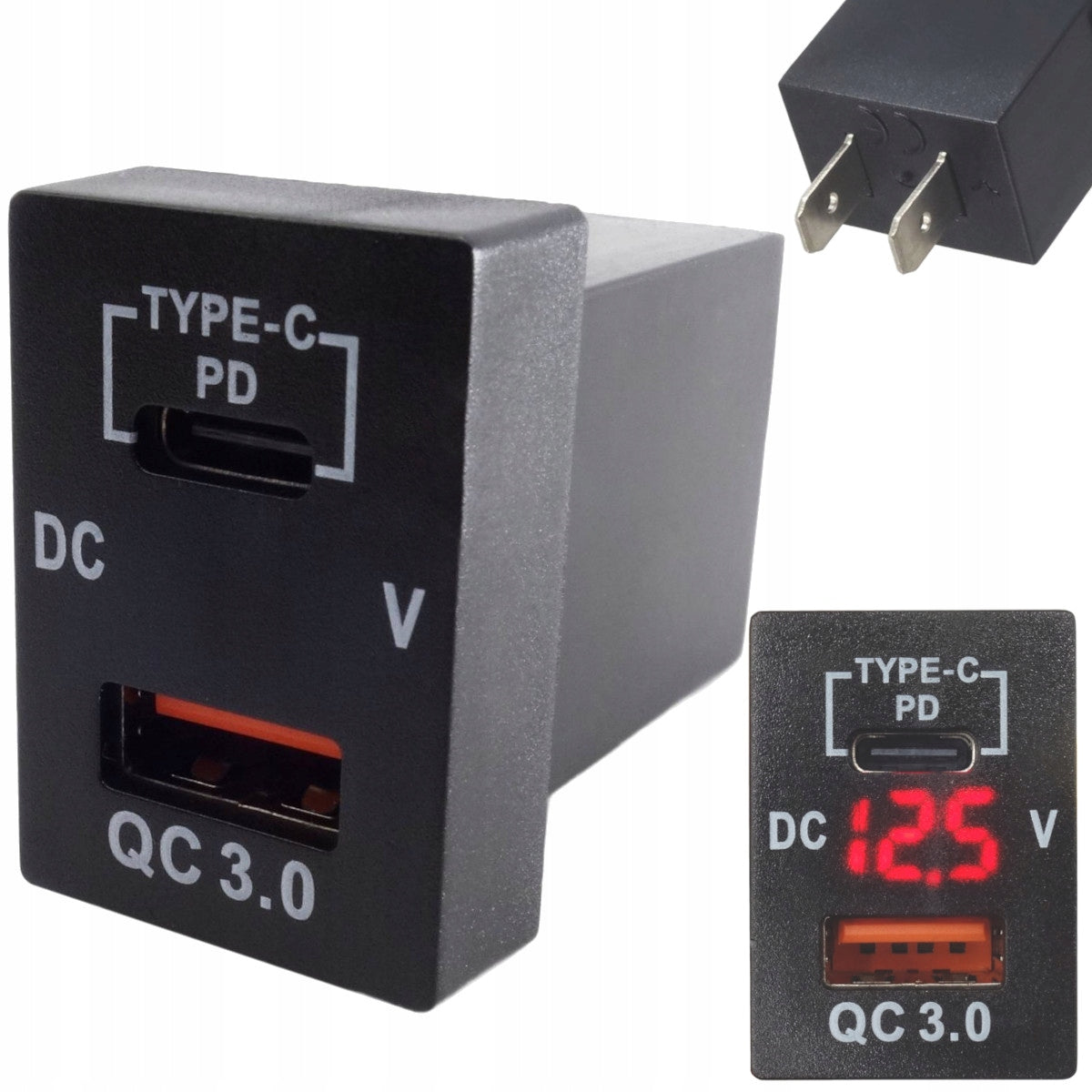 CAR CHARGER MOUNTING USB 12V-24V QC3.0 PD RED VOLTMETER