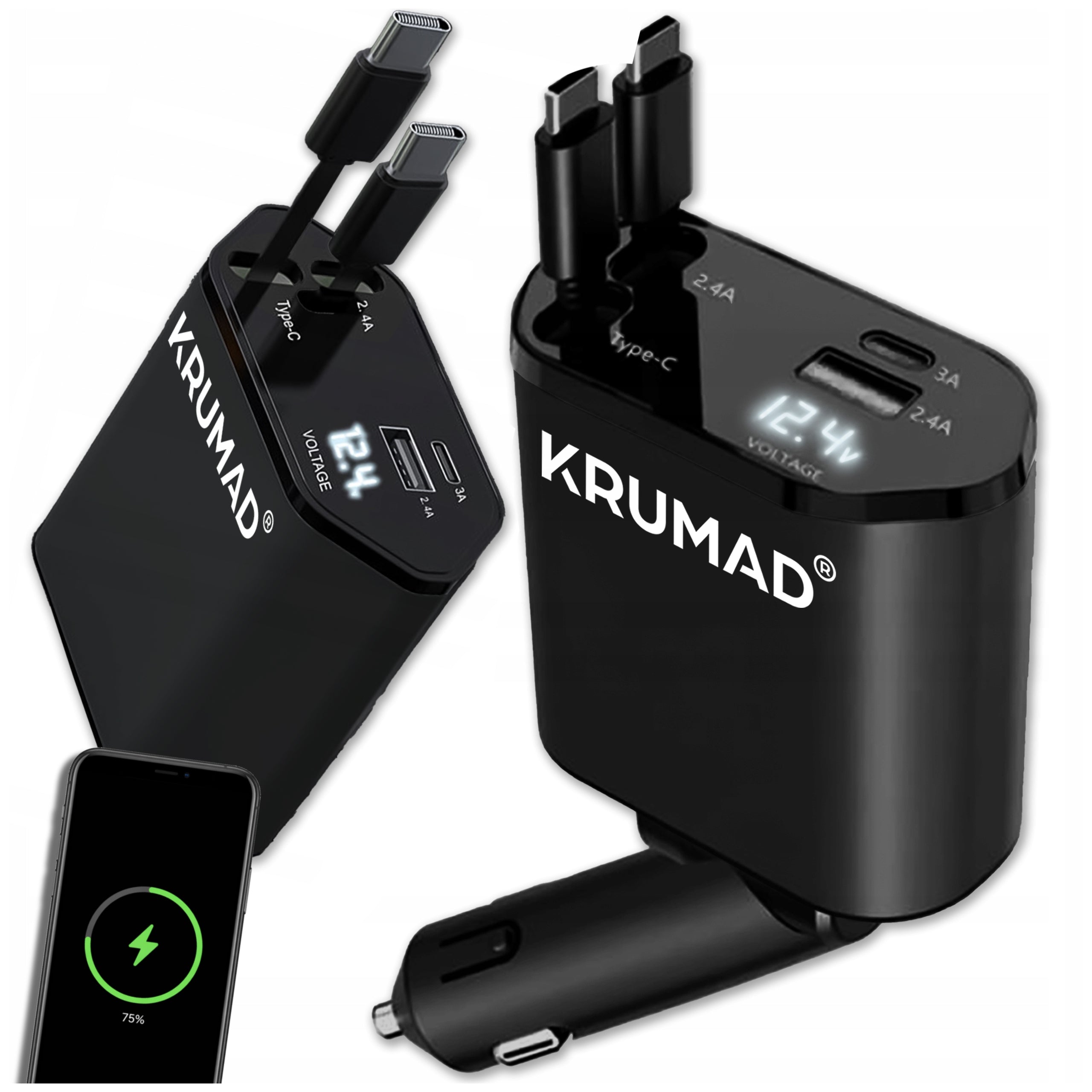 CAR CHARGER USB C 4IN1 WITH CABLES RETRACTOR 120W FAST CHARGING