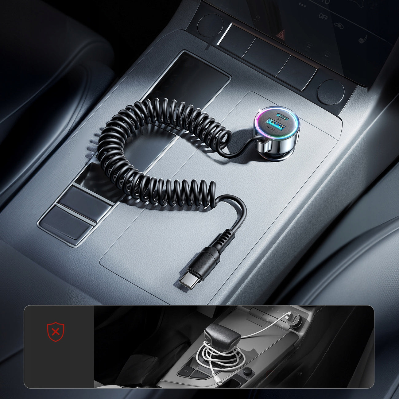 CAR CHARGER USB-C FAST 72W WITH USB-C CABLE 1,6m BACKLIT Packaging status original