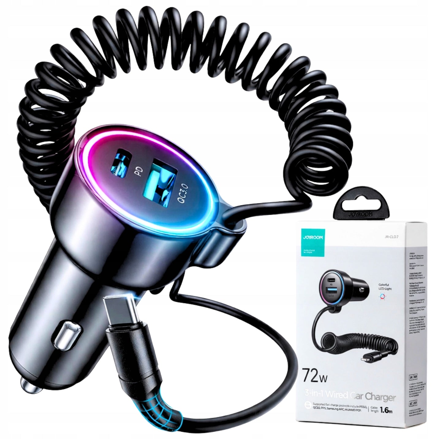CAR CHARGER USB-C FAST 72W WITH USB-C CABLE 1,6m BACKLIT