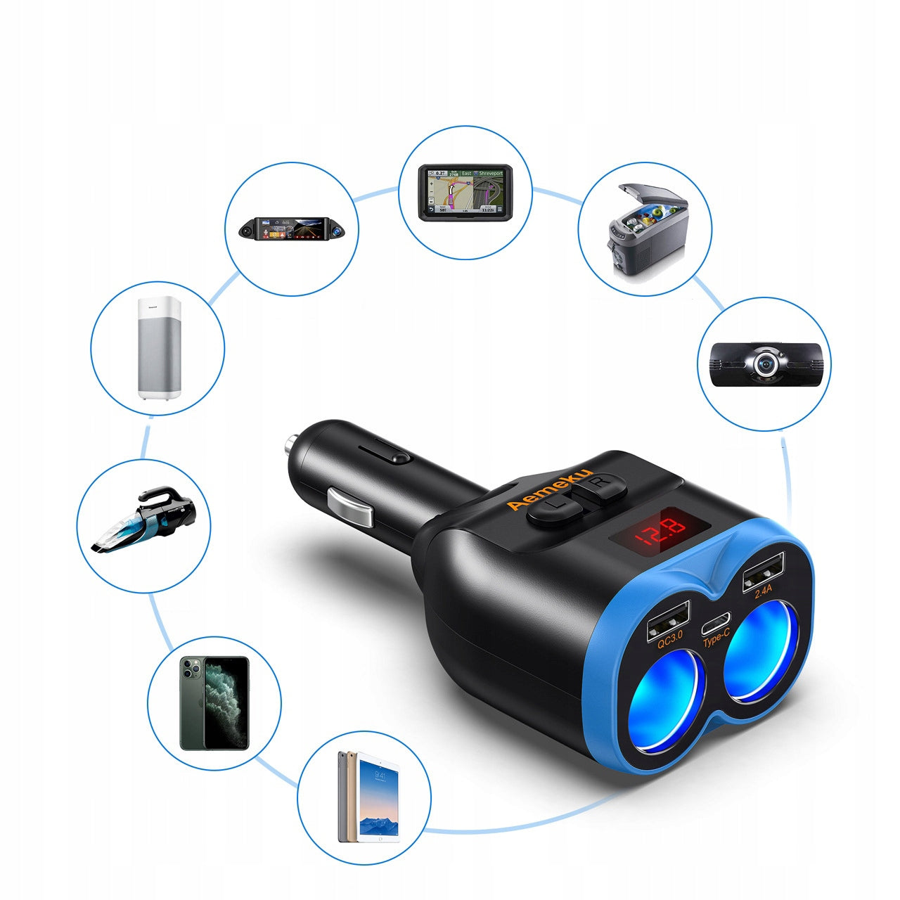 CAR CIGARETTE LIGHTER SPLITTER 3X USB 3 QC WITH 12-24V VOLTMETER Manufacturer no brand