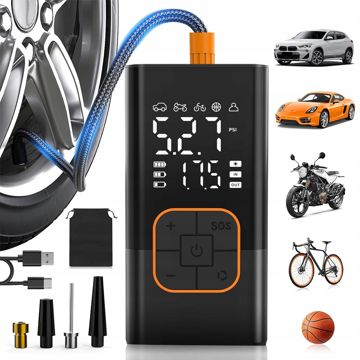 CAR COMPRESSOR BICYCLE PUMP + USB-C BATTERY POWERBANK Dominant material other