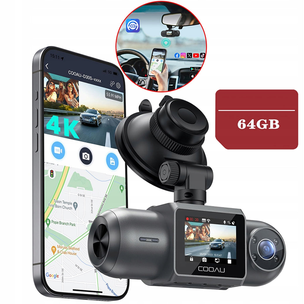 CAR DVR CAMERA 4K WIFI REVERSE GPS 64GB SURVEILLANCE CARD