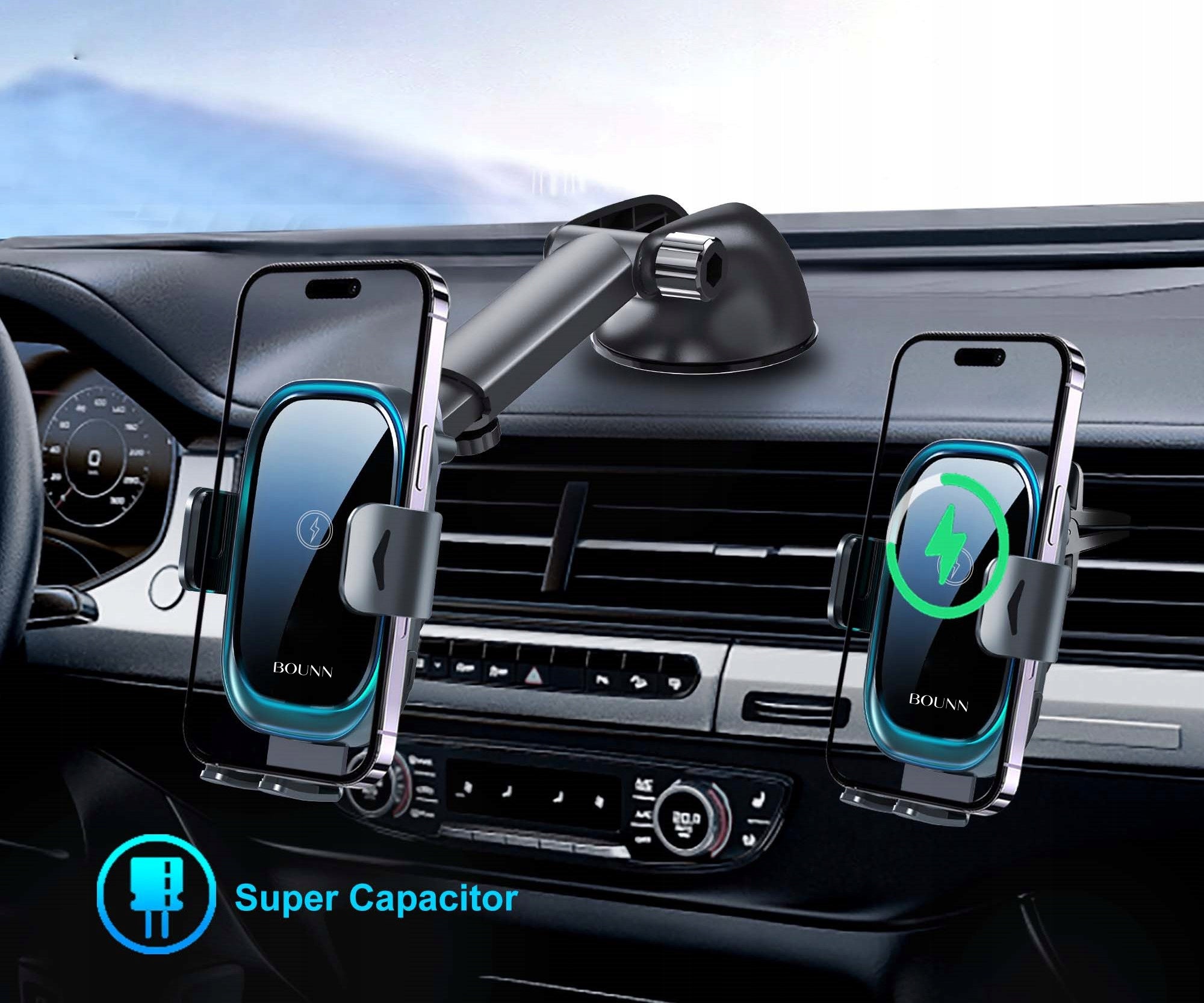 CAR INDUCTION CHARGER IPHONE SAMSUNG WIRELESS 15W USB-C 2in1 Cable length 0.8 m