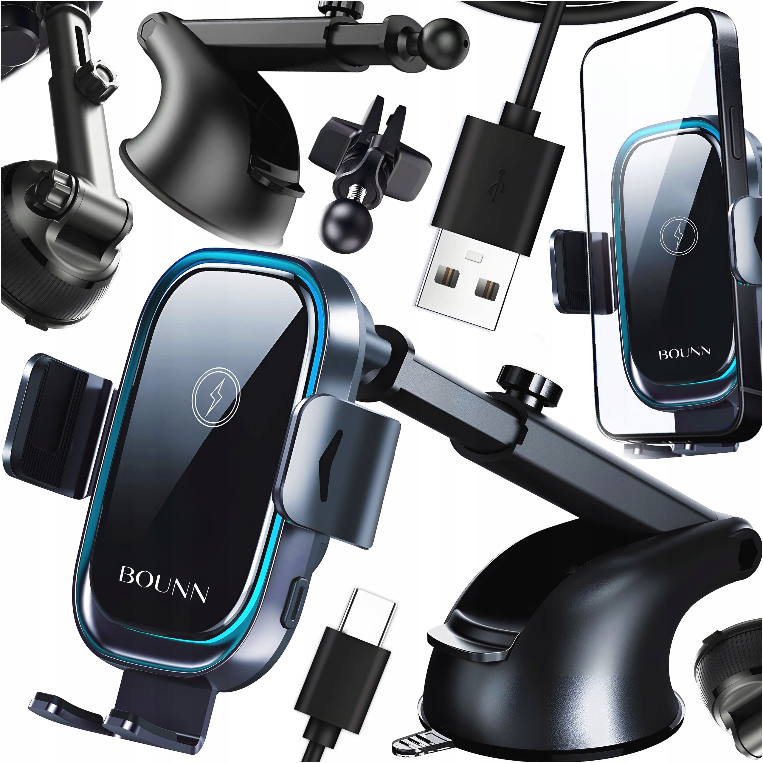 CAR INDUCTION CHARGER IPHONE SAMSUNG WIRELESS 15W USB-C 2in1